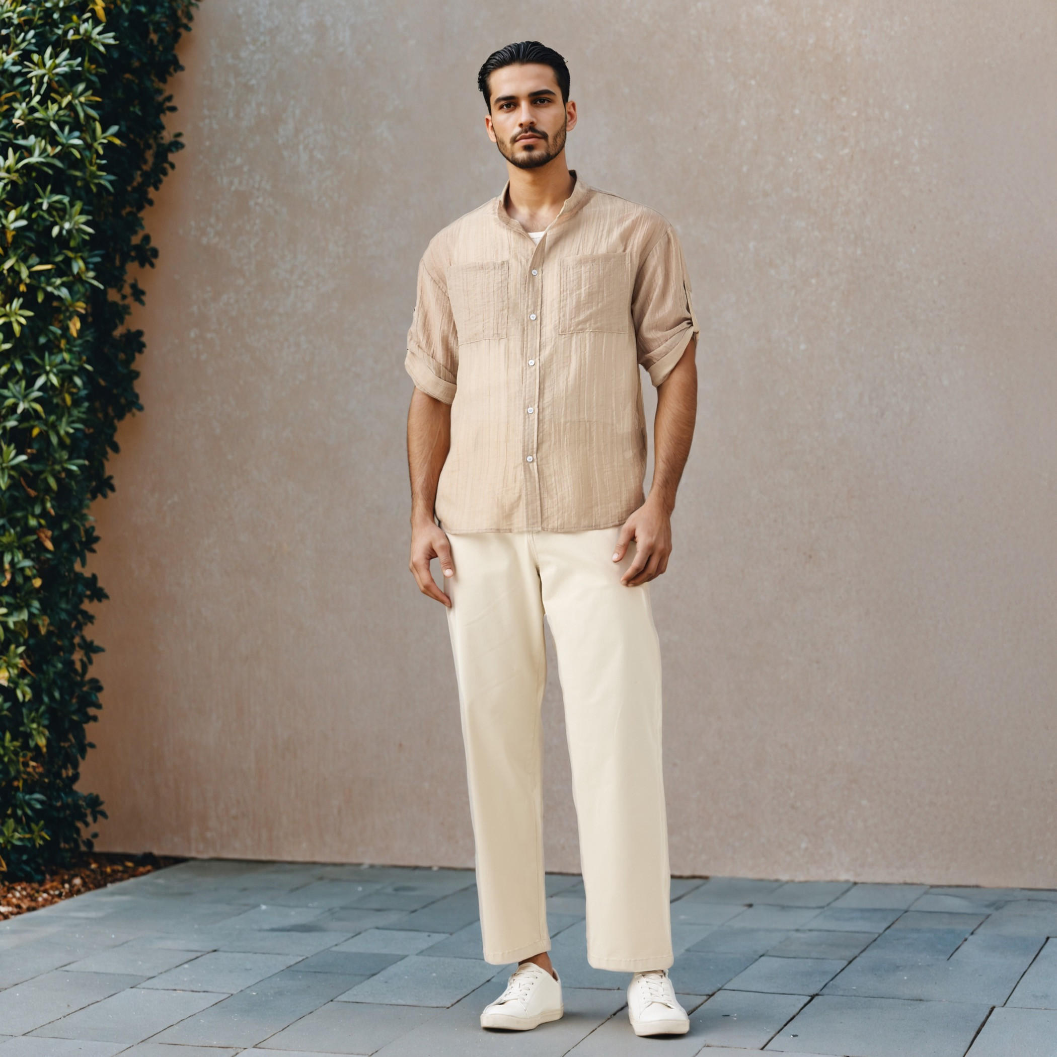 قميص ماندارين بارز الملمس بأكمام ثلاثة أرباع وجيوب على الصدر من أيكونيك-men-clothing-shirts-image-2