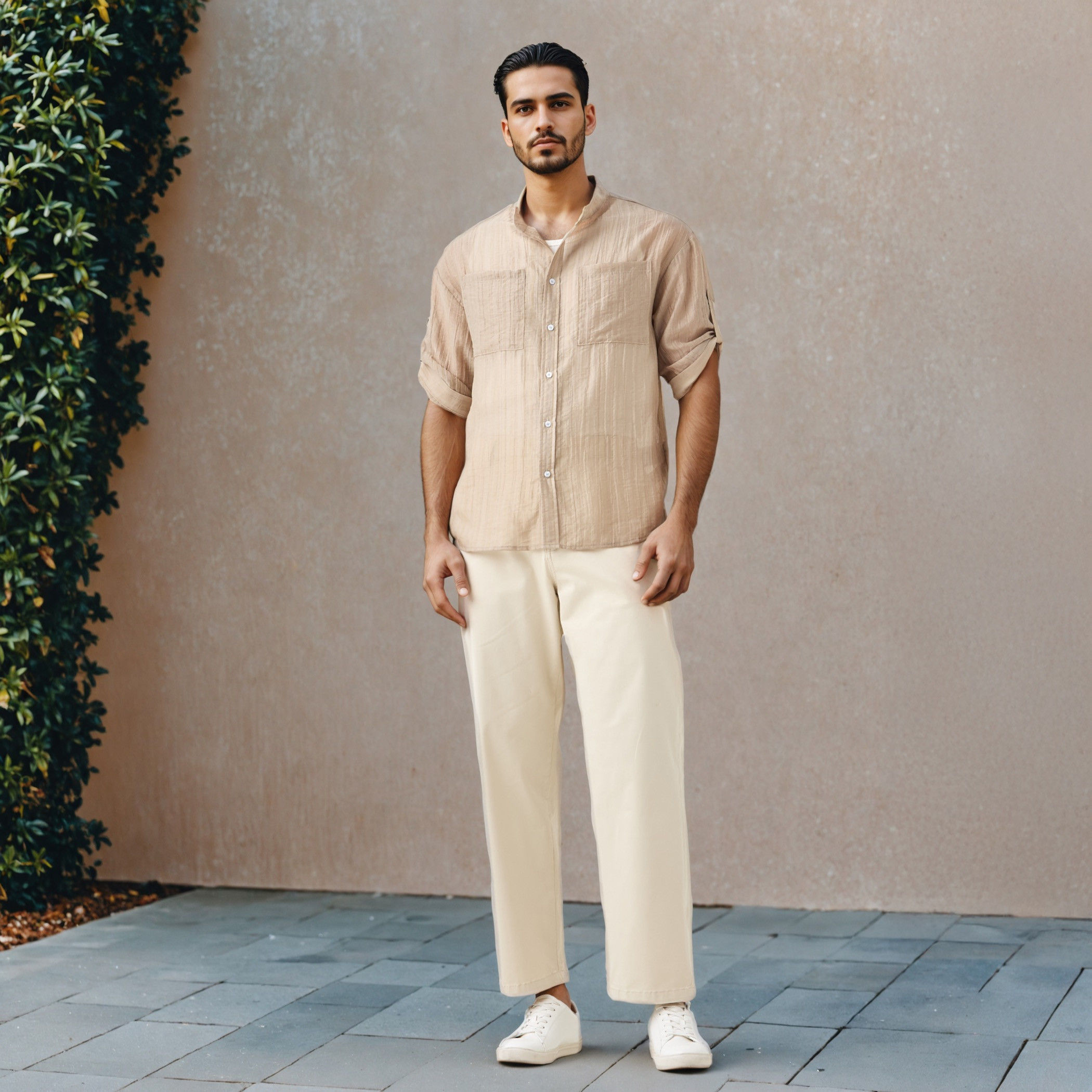 قميص ماندارين بارز الملمس بأكمام ثلاثة أرباع وجيوب على الصدر من أيكونيك-men-clothing-shirts-image-2