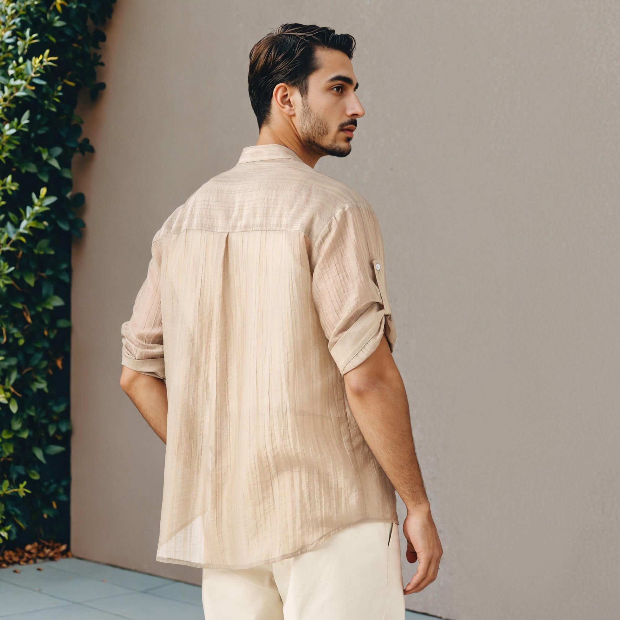 قميص ماندارين بارز الملمس بأكمام ثلاثة أرباع وجيوب على الصدر من أيكونيك-men-clothing-shirts-image-3