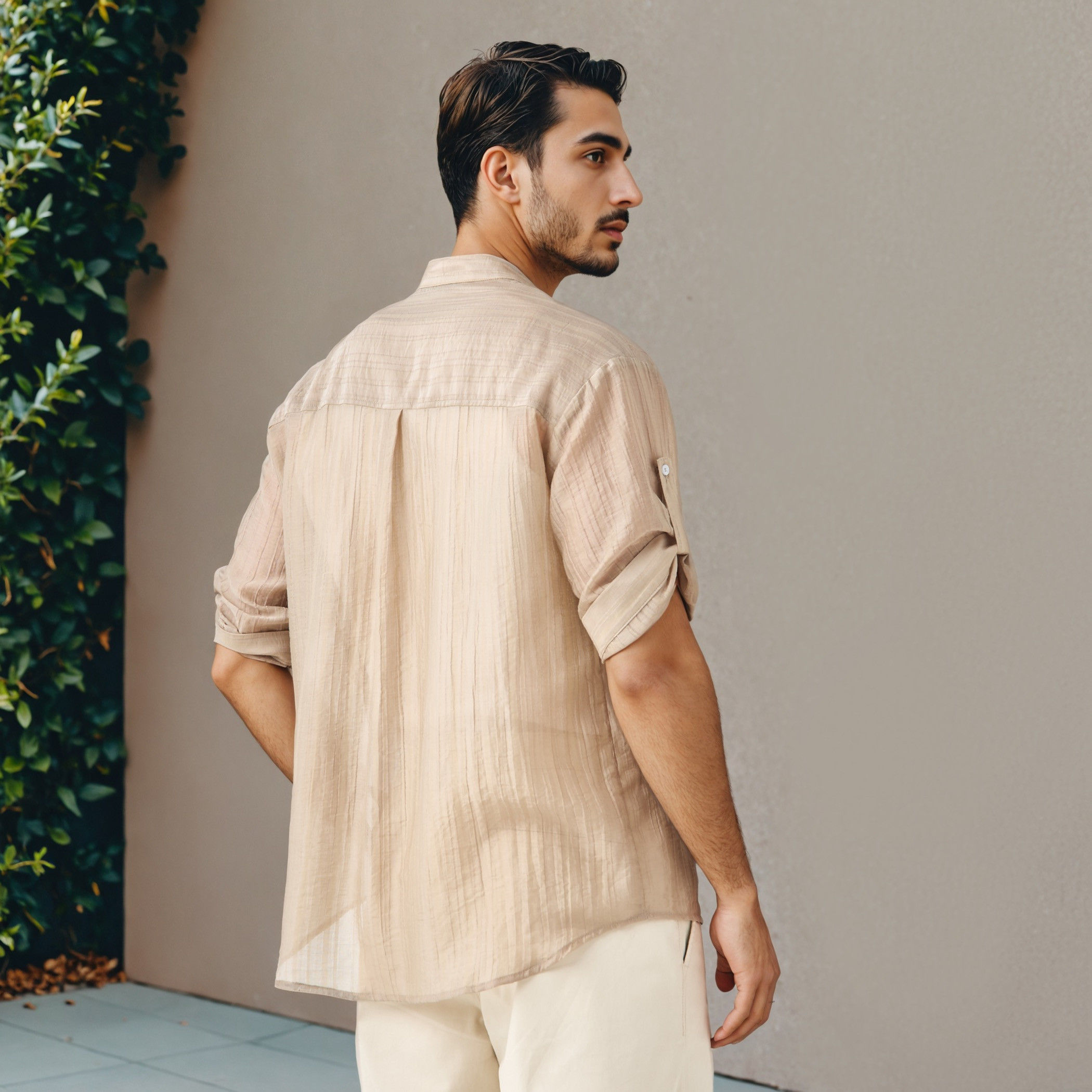 قميص ماندارين بارز الملمس بأكمام ثلاثة أرباع وجيوب على الصدر من أيكونيك-men-clothing-shirts-image-3