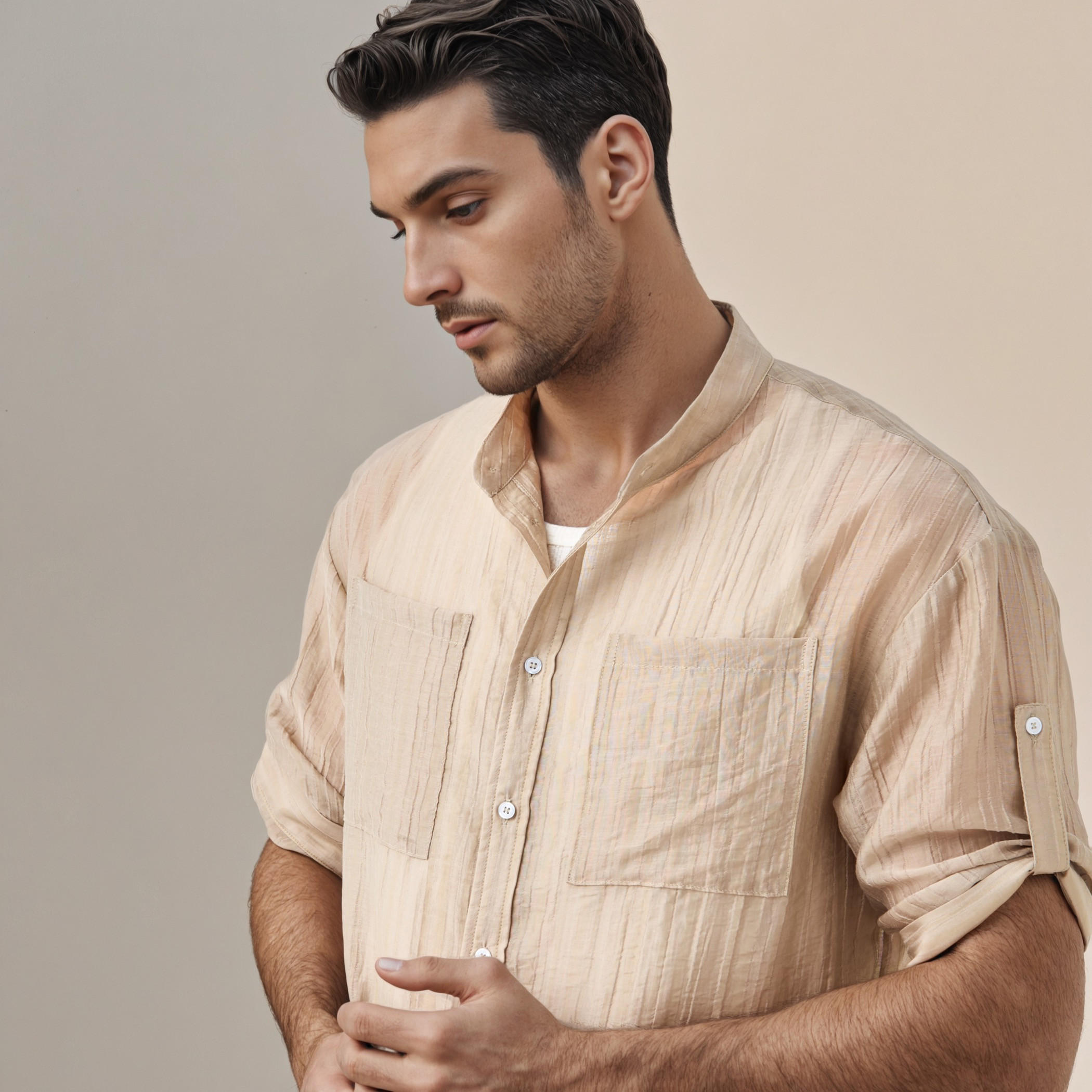 قميص ماندارين بارز الملمس بأكمام ثلاثة أرباع وجيوب على الصدر من أيكونيك-men-clothing-shirts-image-4