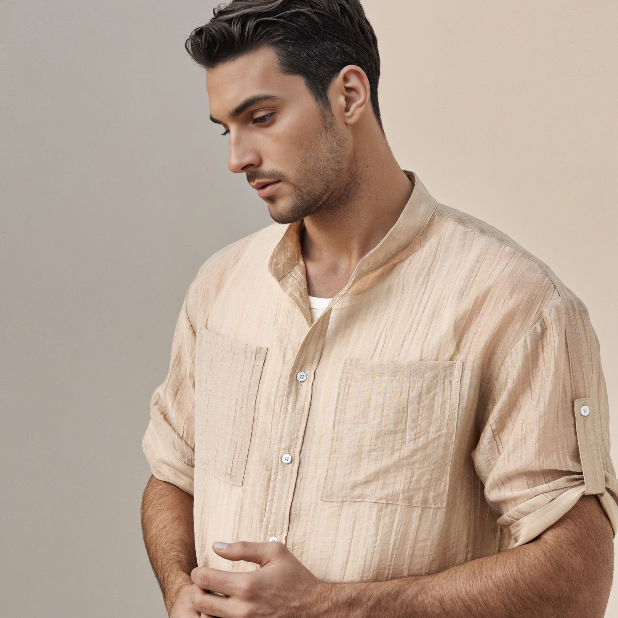 قميص ماندارين بارز الملمس بأكمام ثلاثة أرباع وجيوب على الصدر من أيكونيك-men-clothing-shirts-image-4
