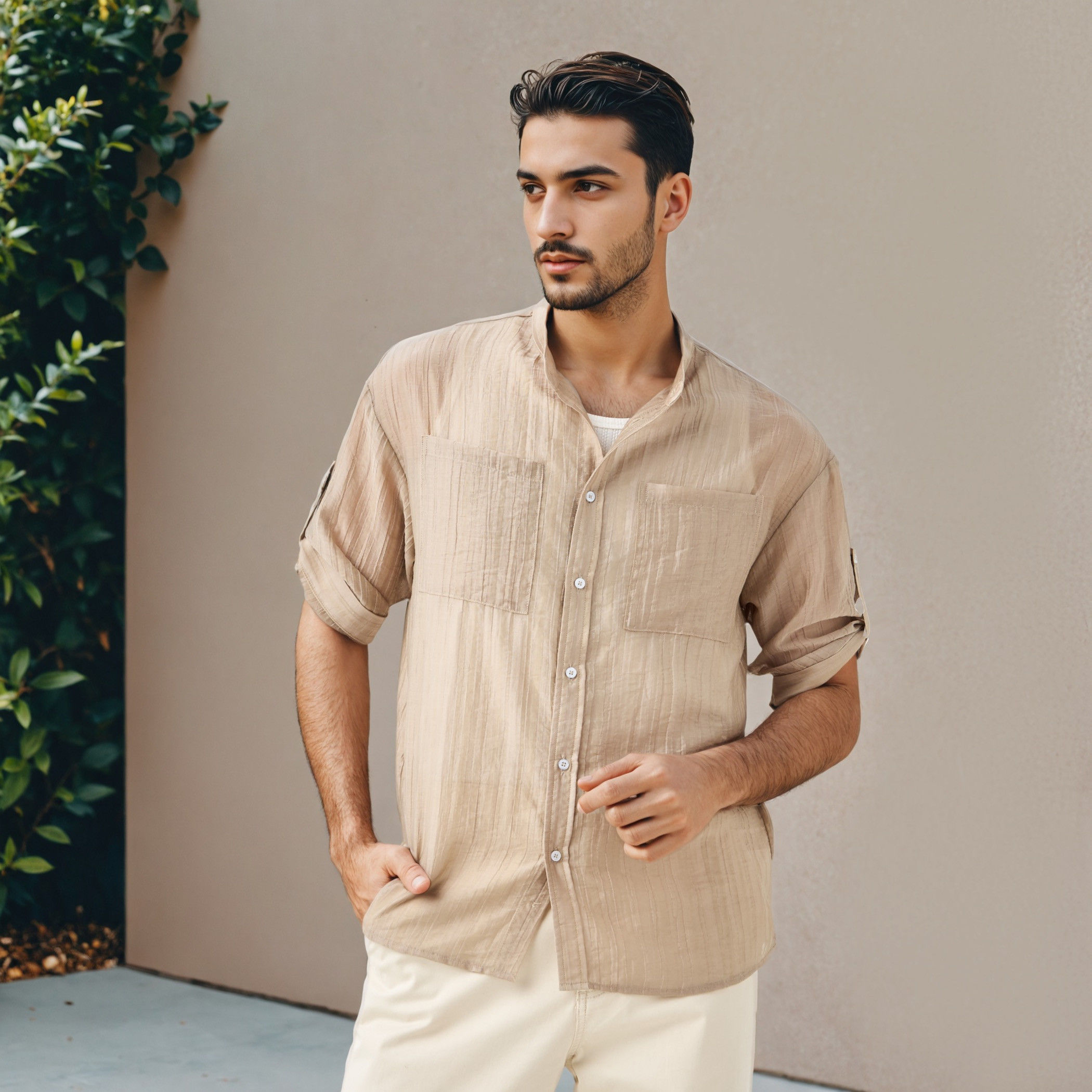 قميص ماندارين بارز الملمس بأكمام ثلاثة أرباع وجيوب على الصدر من أيكونيك-men-clothing-shirts-image-5