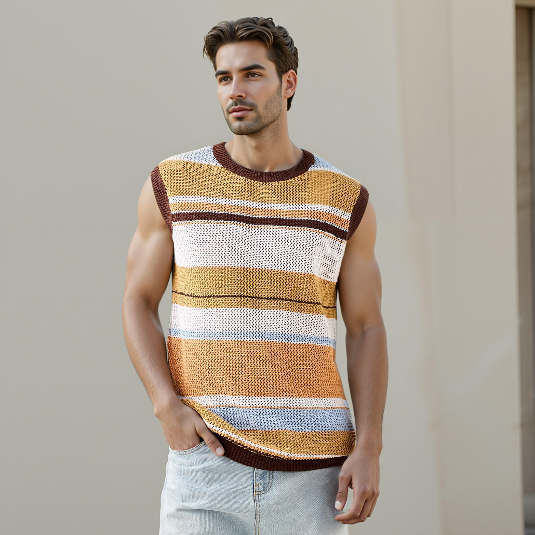 بلوفر مخطط دون أكمام من آيكونيك-men-clothing-sweatersandpullovers-image-5