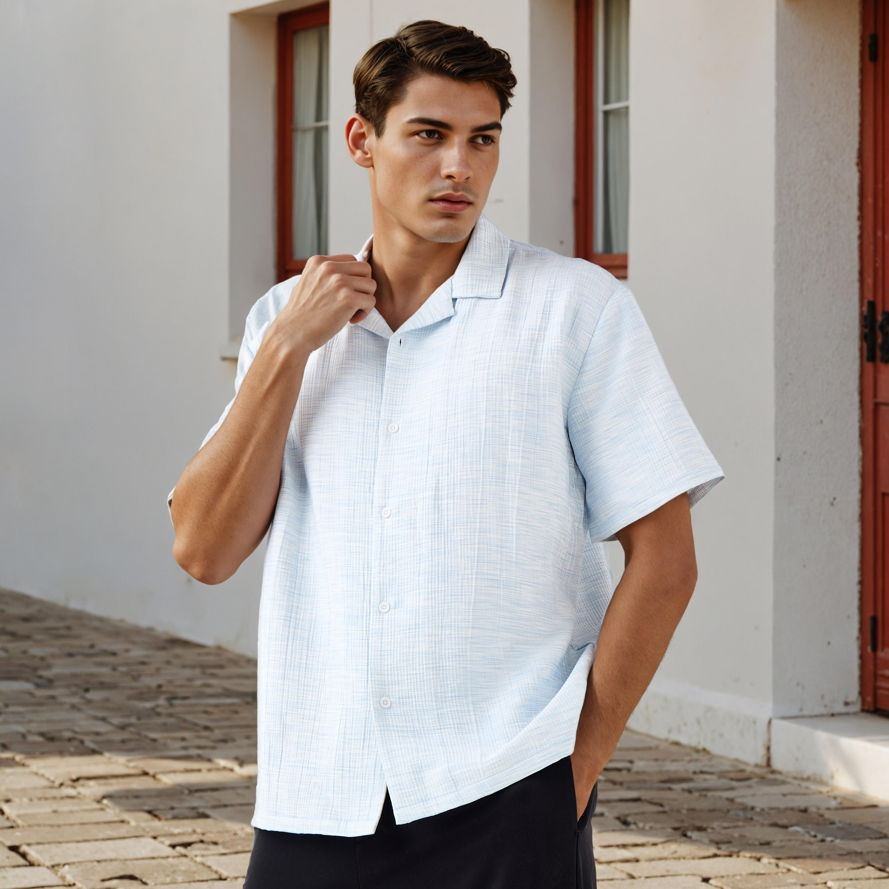 قميص بارز الملمس بياقة وقصة عادية من آيكونيك-men-clothing-shirts-image-5