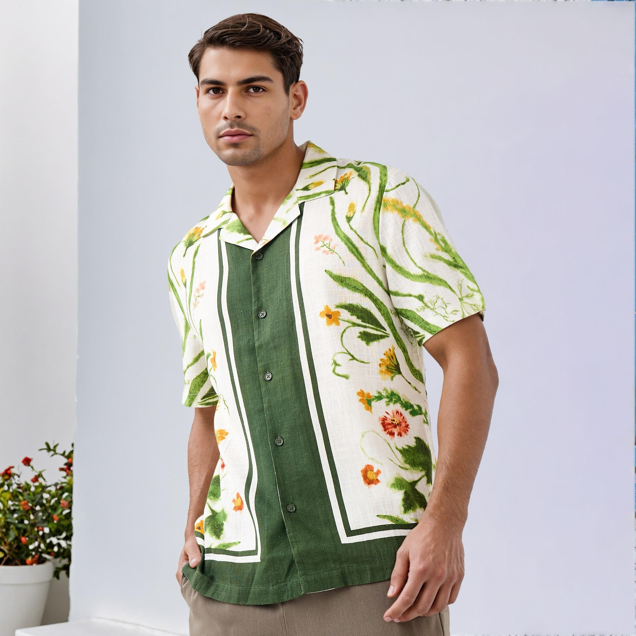 Iconic Floral Print Camp Collar Resort Linen Blend Shirt-men-clothing-shirts-image-1