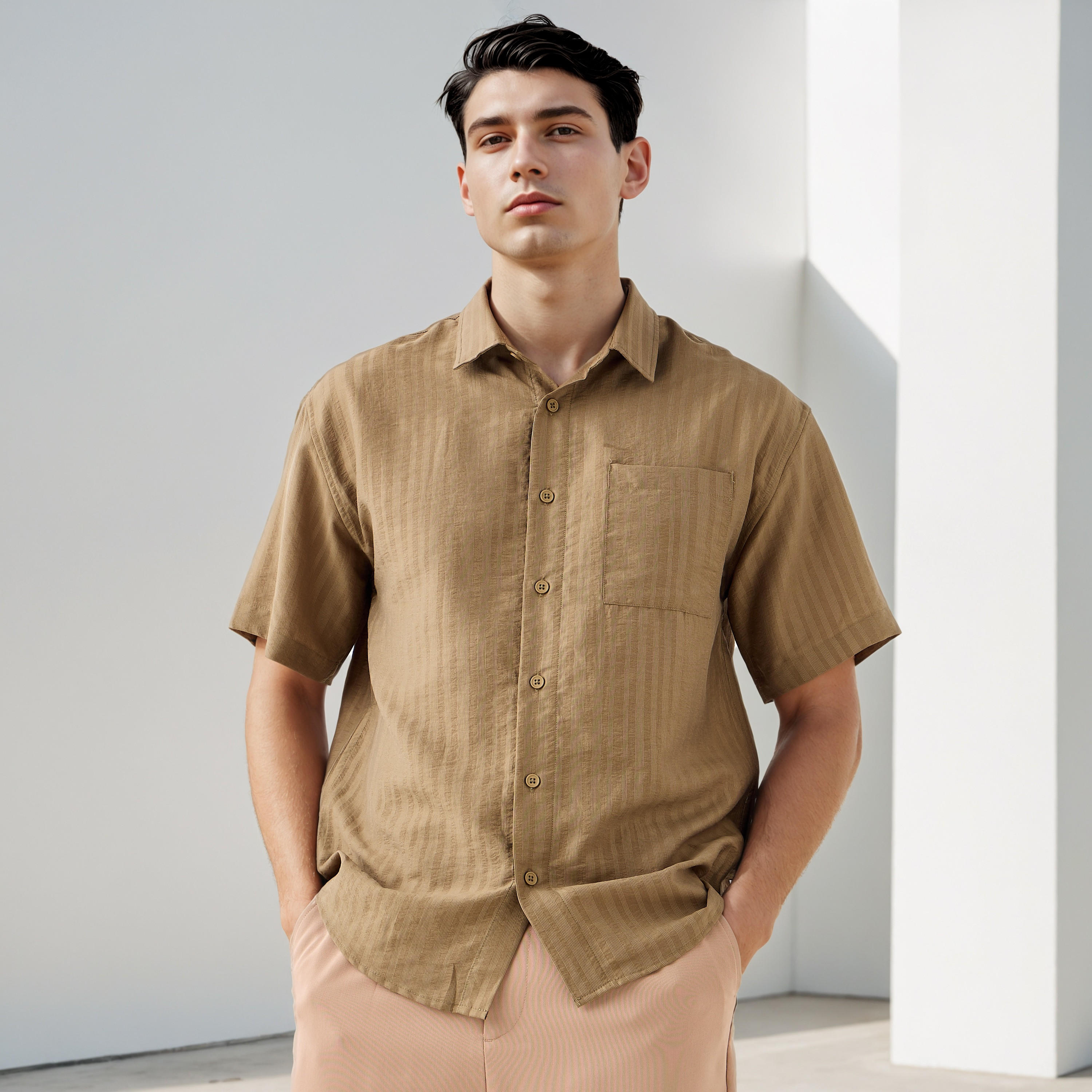 قميص مخطط بقصّة بوكسي وجيب على الصدر من آيكونيك-men-clothing-shirts-image-1