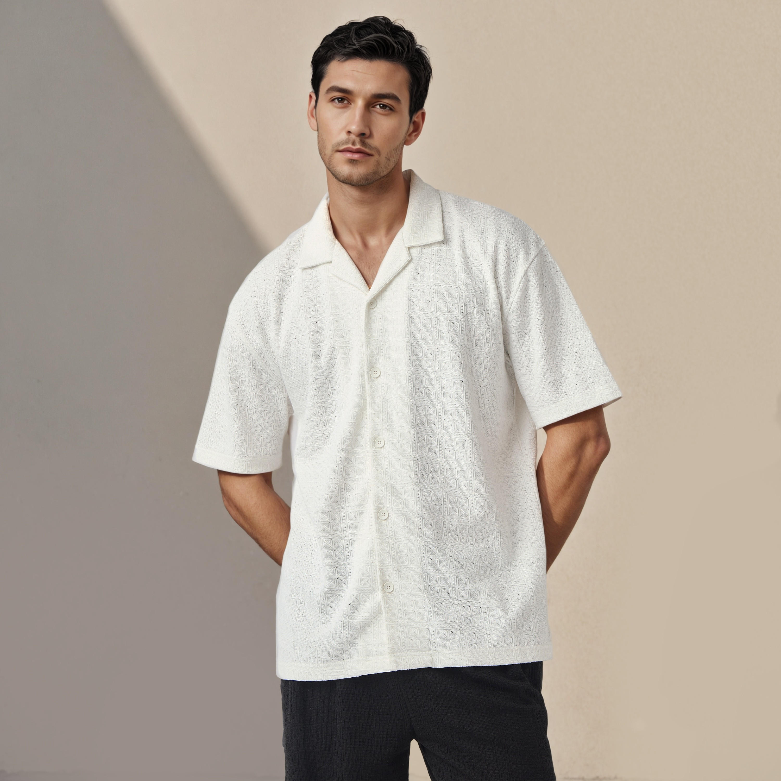 Iconic Regular Fit Textured Shirt with Camp Collar-men-clothing-shirts-image-1
