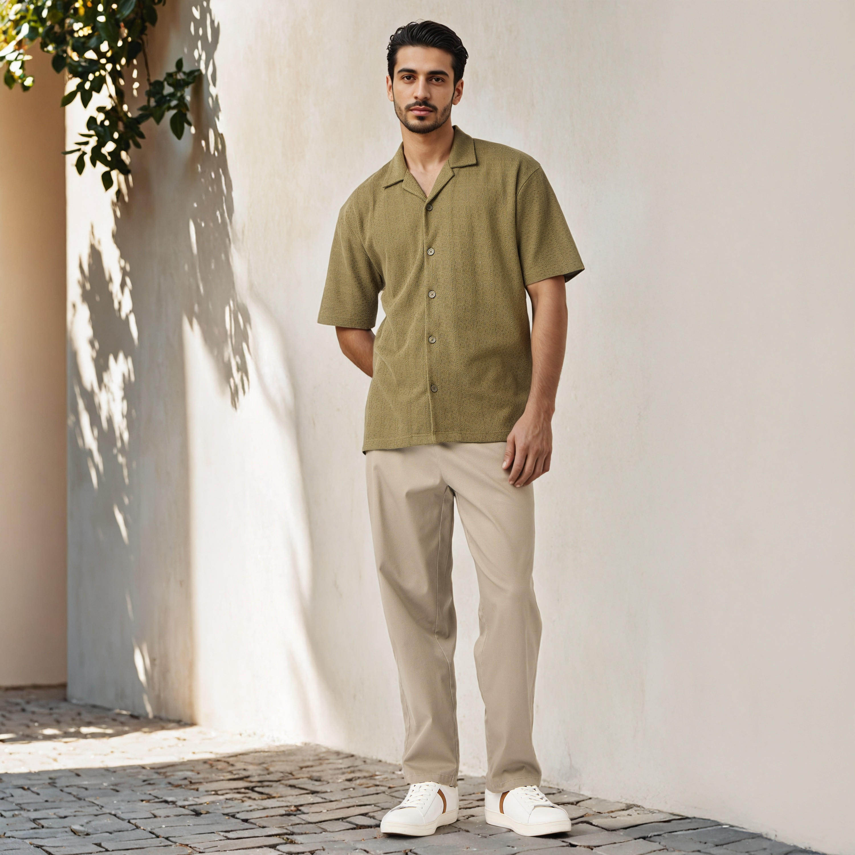 قميص بارز الملمس بقصة عادية وبياقة كامب من أيكونيك-men-clothing-shirts-image-2