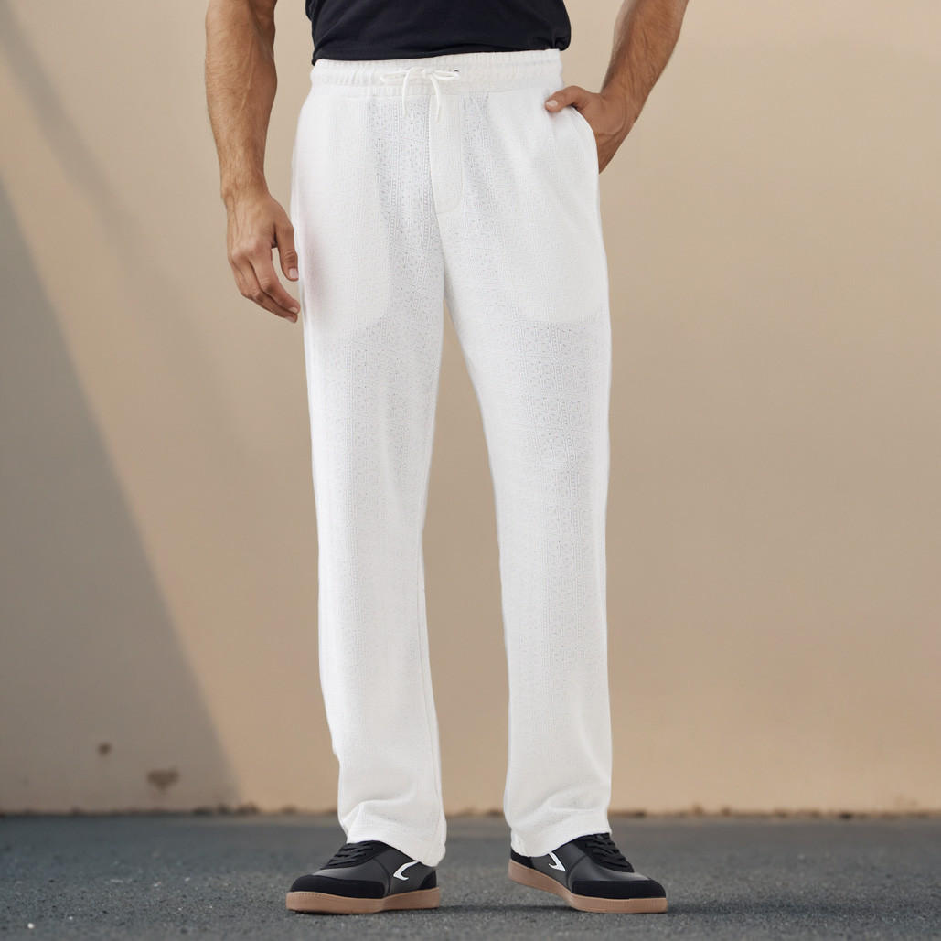 بنطلون بارز الملمس بقصّة عادية وخصر مطاطي وجيوب من أيكونيك-men-clothing-bottoms-trousersandchinos-trousers-image-1