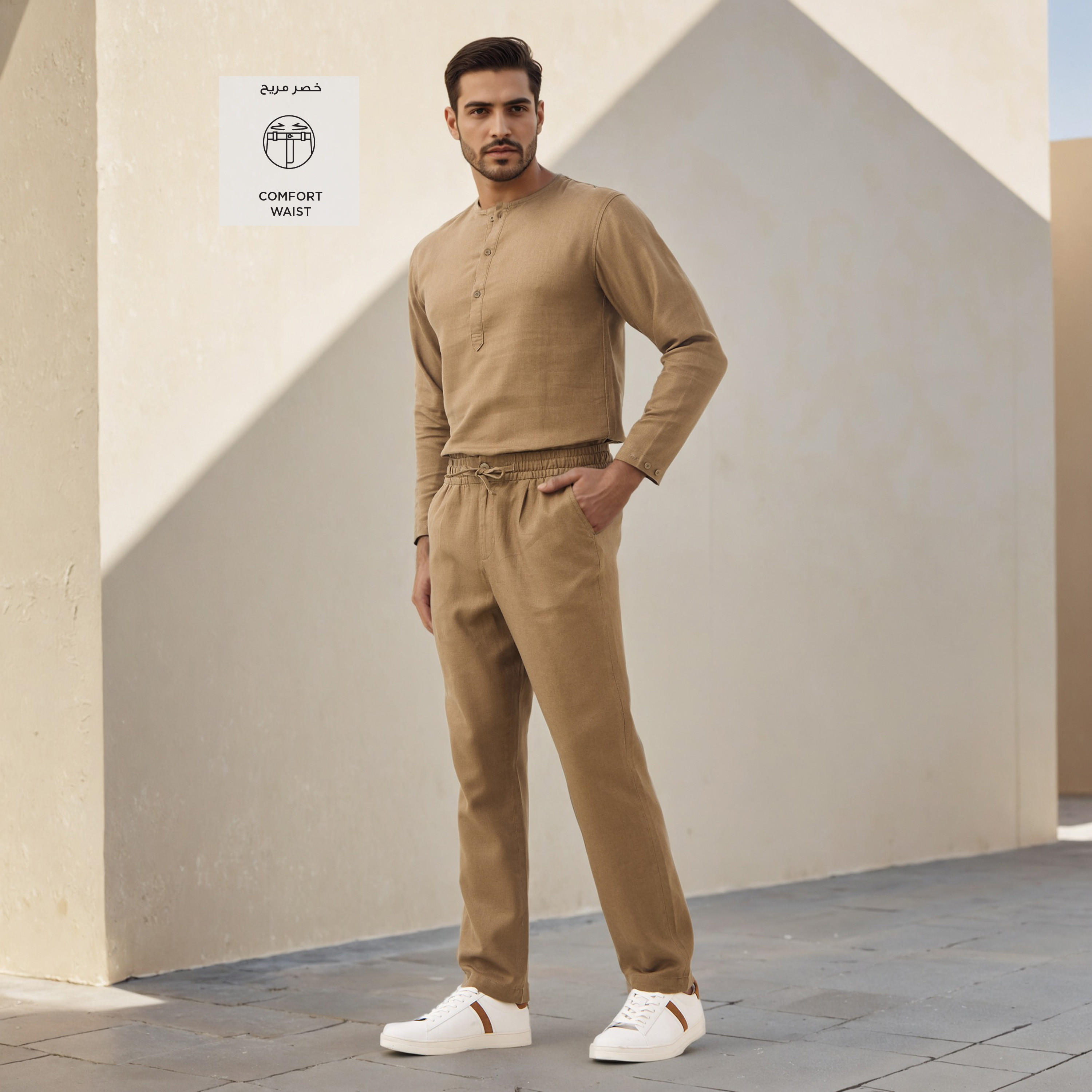 بنطلون بقصة عادية مزيج الكتان مع خصر مطاطي من آيكونيك-men-clothing-bottoms-trousersandchinos-trousers-image-2