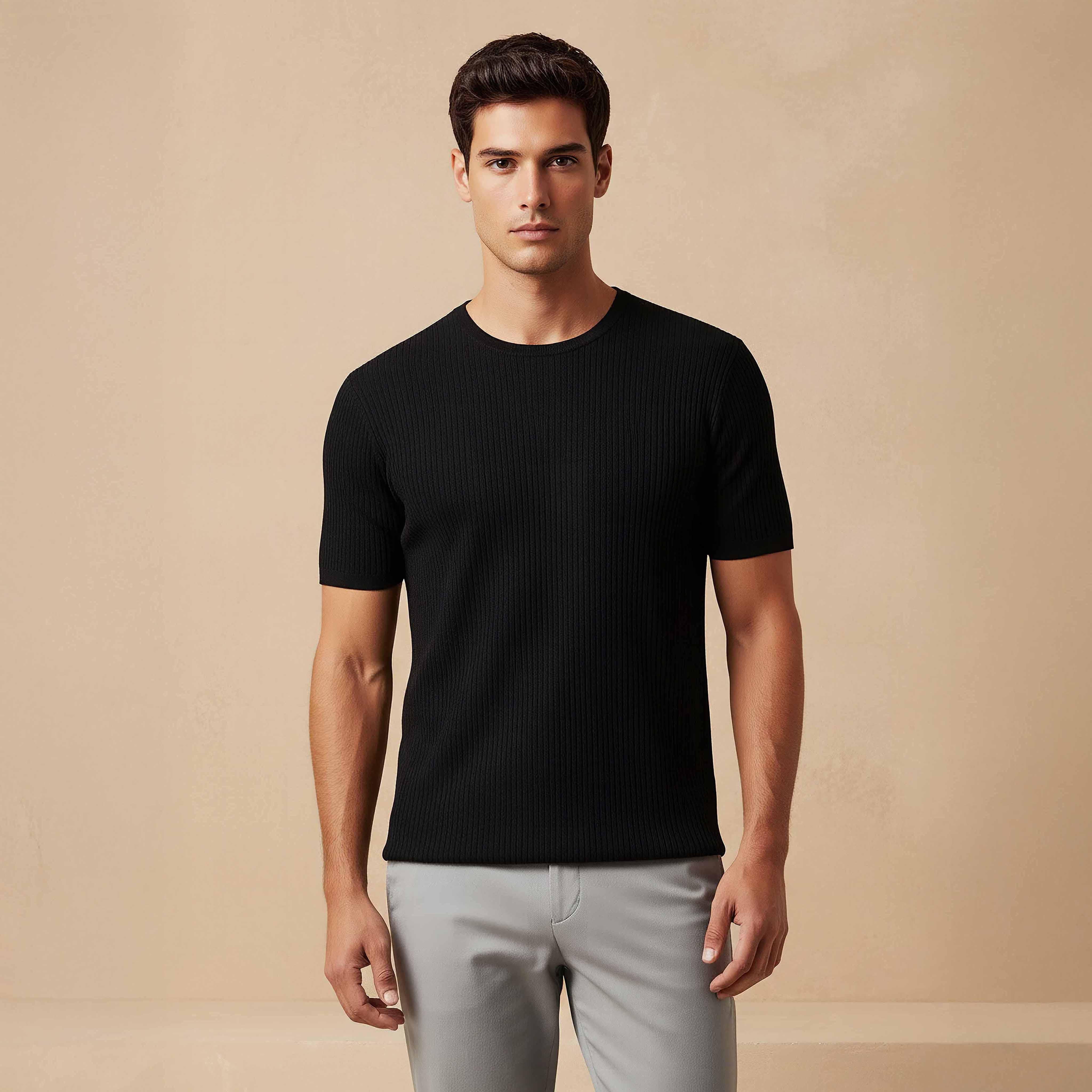 تيشيرت بارز الملمس بياقة ضيقة من آيكونيك-men-clothing-tshirtsandpolos-tshirts-image-1