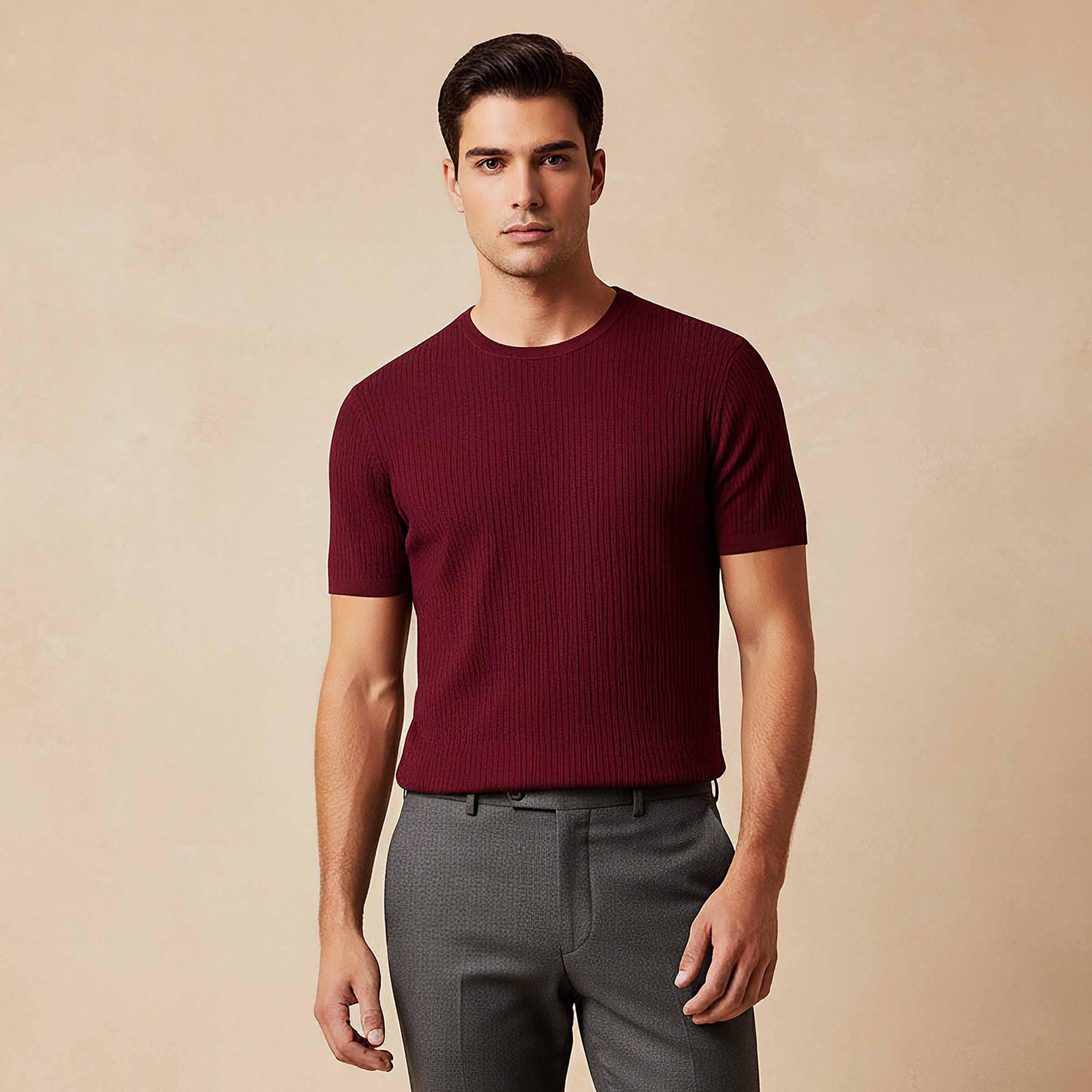 تيشيرت بارز الملمس بياقة ضيقة من آيكونيك-men-clothing-tshirtsandpolos-tshirts-image-1