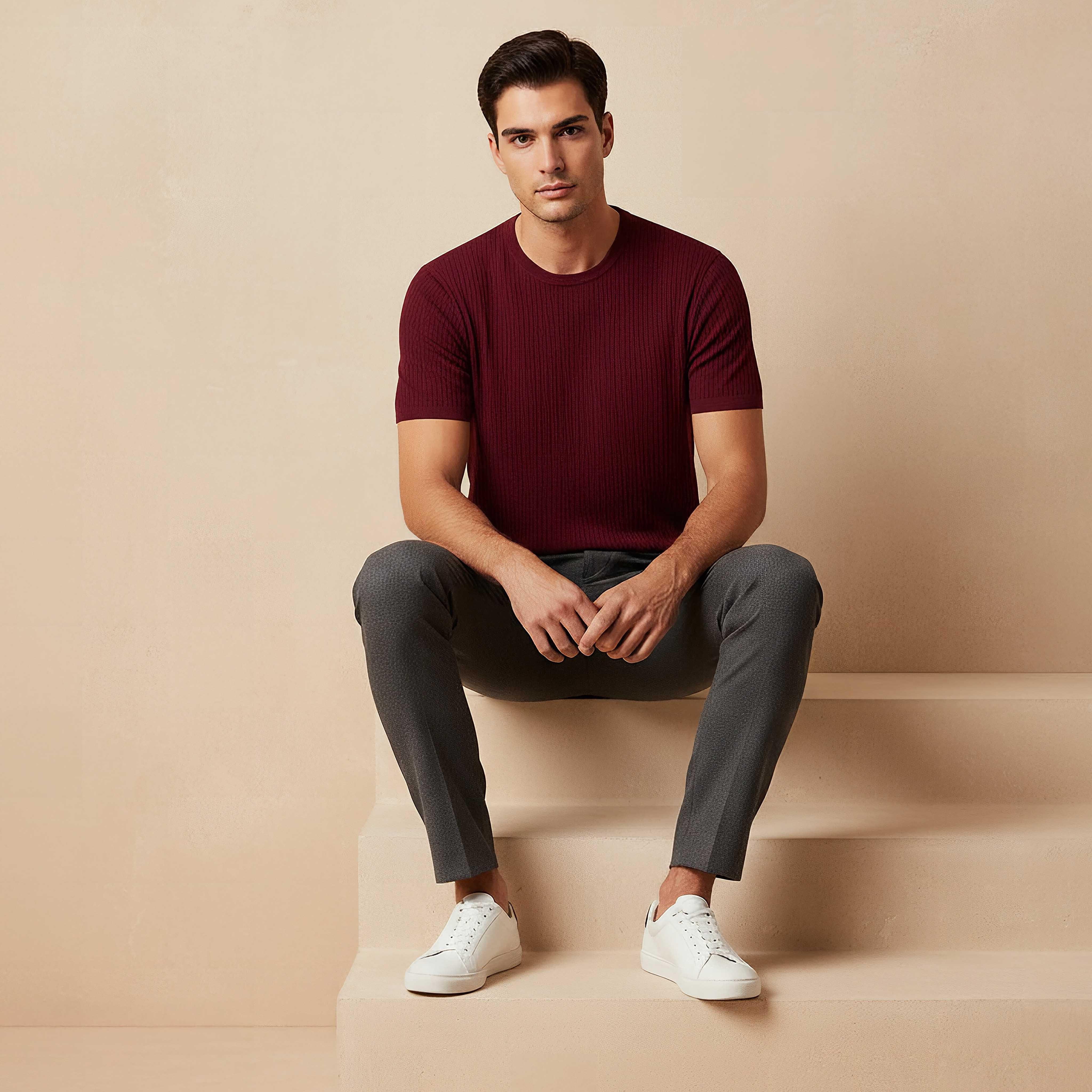 تيشيرت بارز الملمس بياقة ضيقة من آيكونيك-men-clothing-tshirtsandpolos-tshirts-image-5