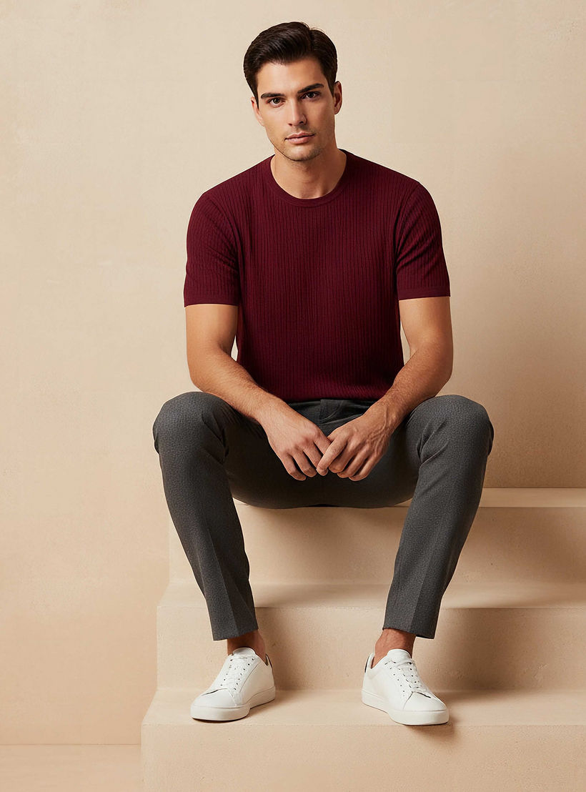 تيشيرت بارز الملمس بياقة ضيقة من آيكونيك-men-clothing-tshirtsandpolos-tshirts-image-5
