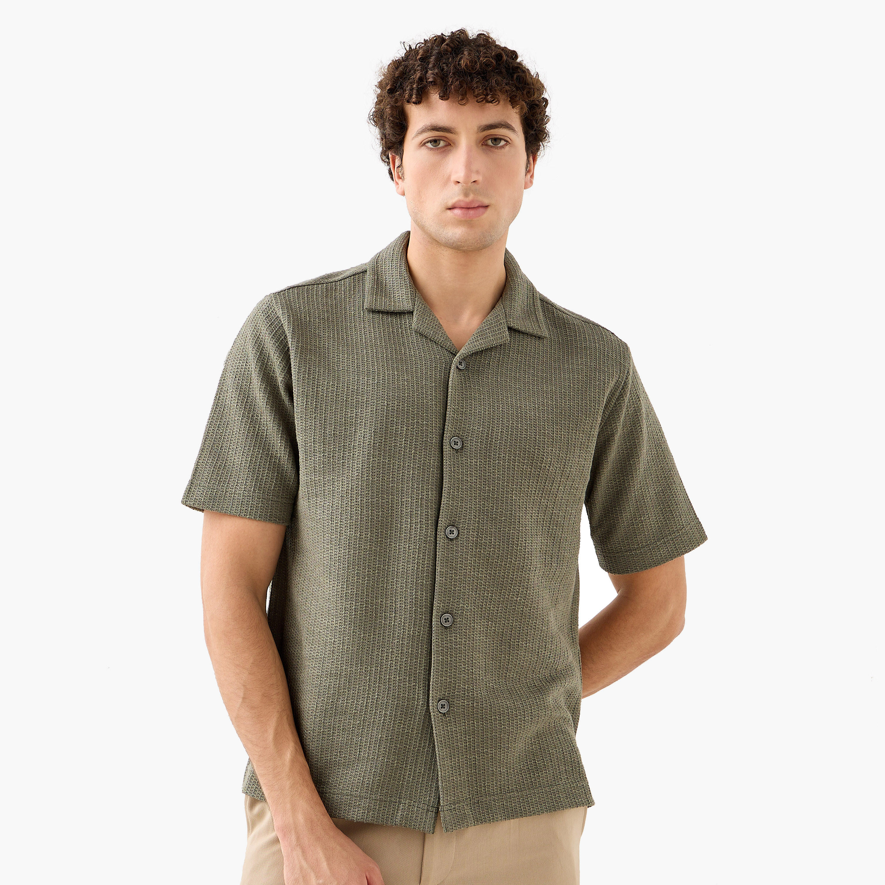 Iconic Regular Fit Honeycomb Textured Resort Shirt-men-clothing-shirts-image-1