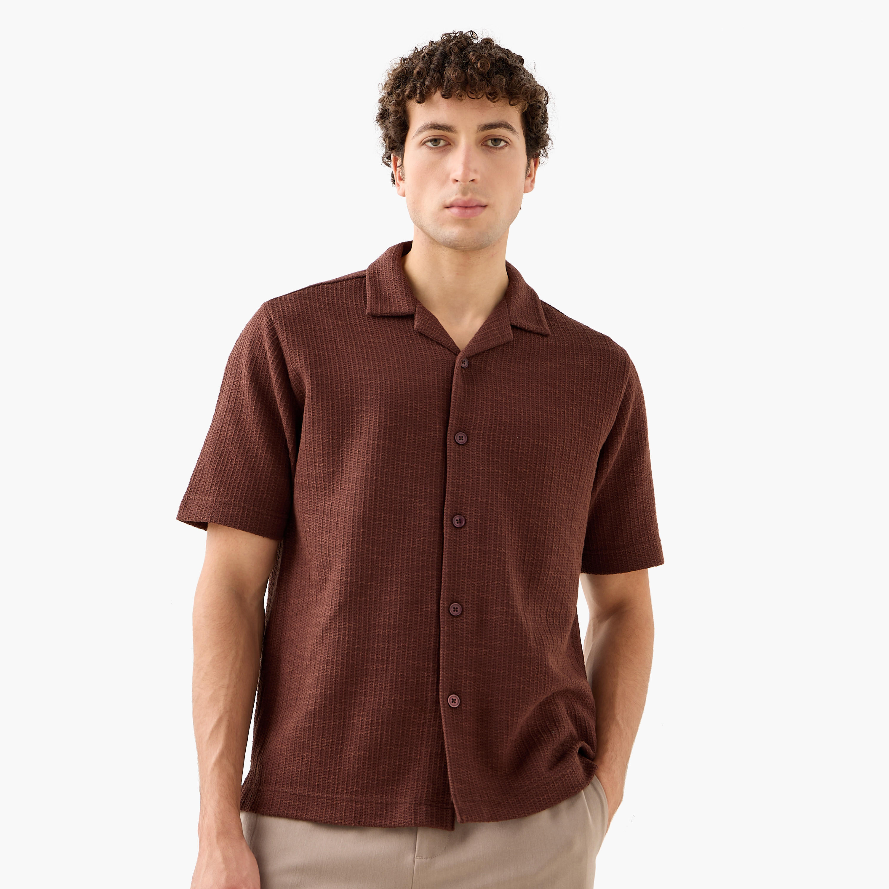 Iconic Regular Fit Honeycomb Textured Resort Shirt-men-clothing-shirts-image-1