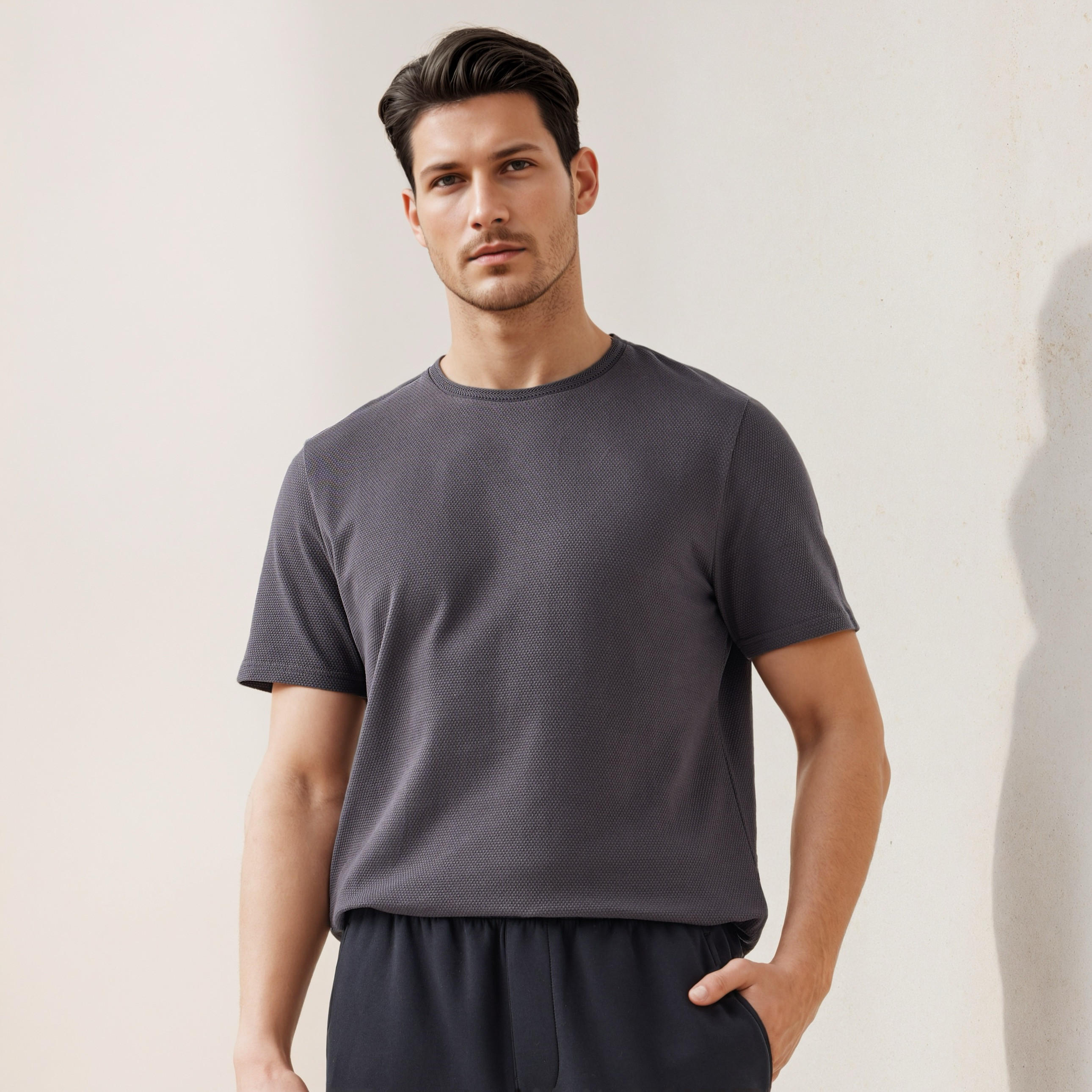 Iconic Popcorn Textured T-shirt with Crew Neck-men-clothing-tshirtsandpolos-tshirts-image-1