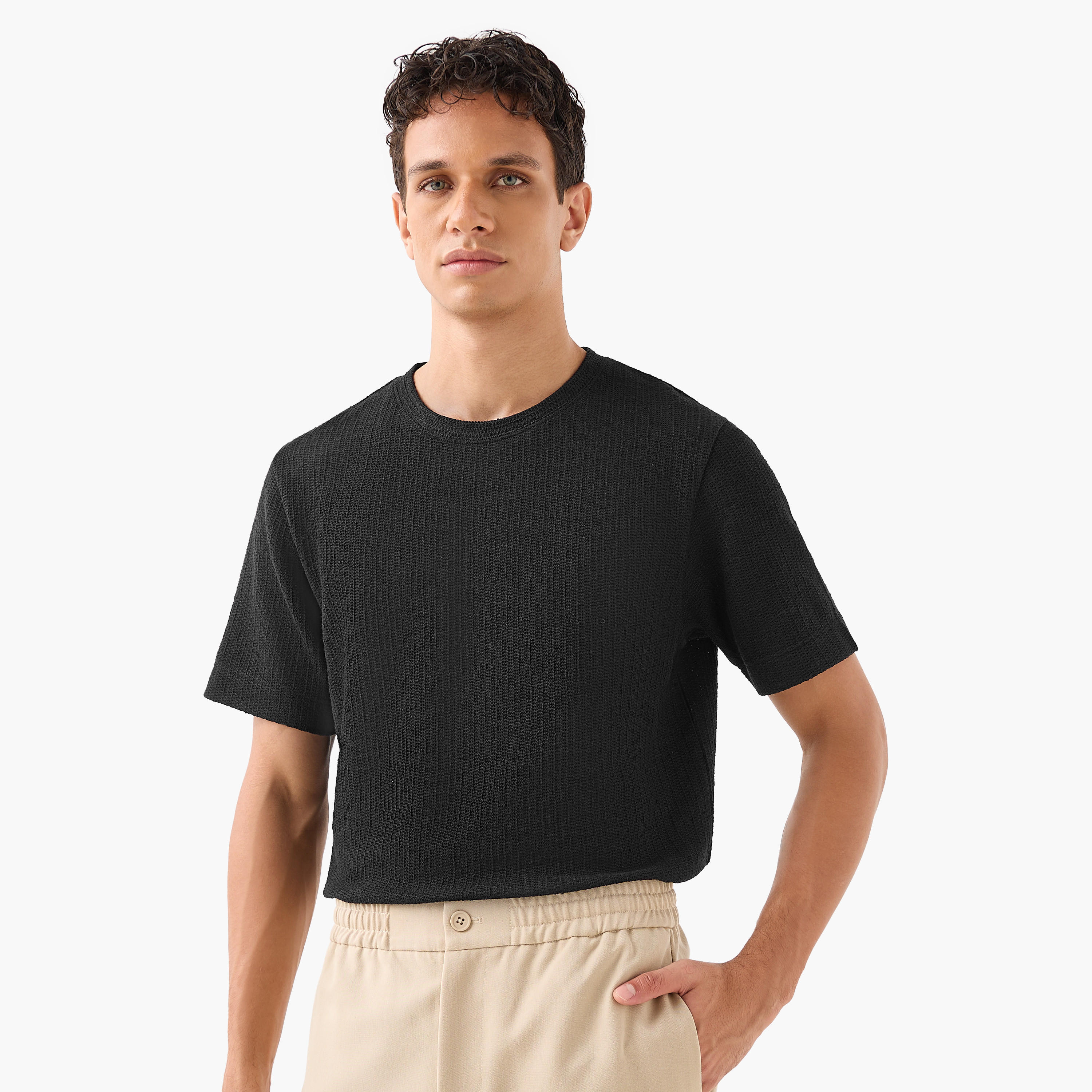 Iconic Men Regular Fit Crew Neck Short Sleeves Honeycomb Textured T-shirt-men-clothing-tshirtsandpolos-tshirts-image-1