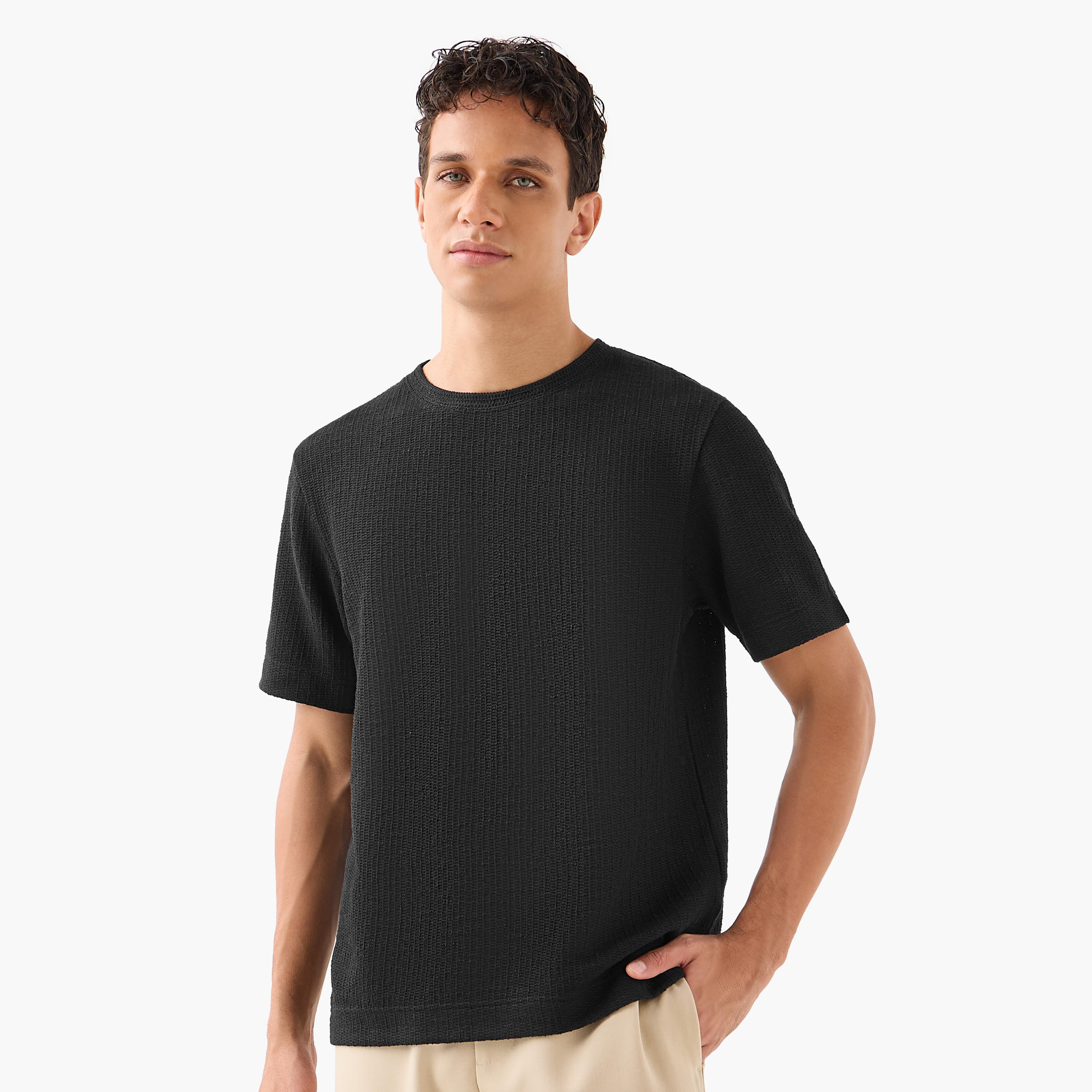 Iconic Men Regular Fit Crew Neck Short Sleeves Honeycomb Textured T-shirt-men-clothing-tshirtsandpolos-tshirts-image-6