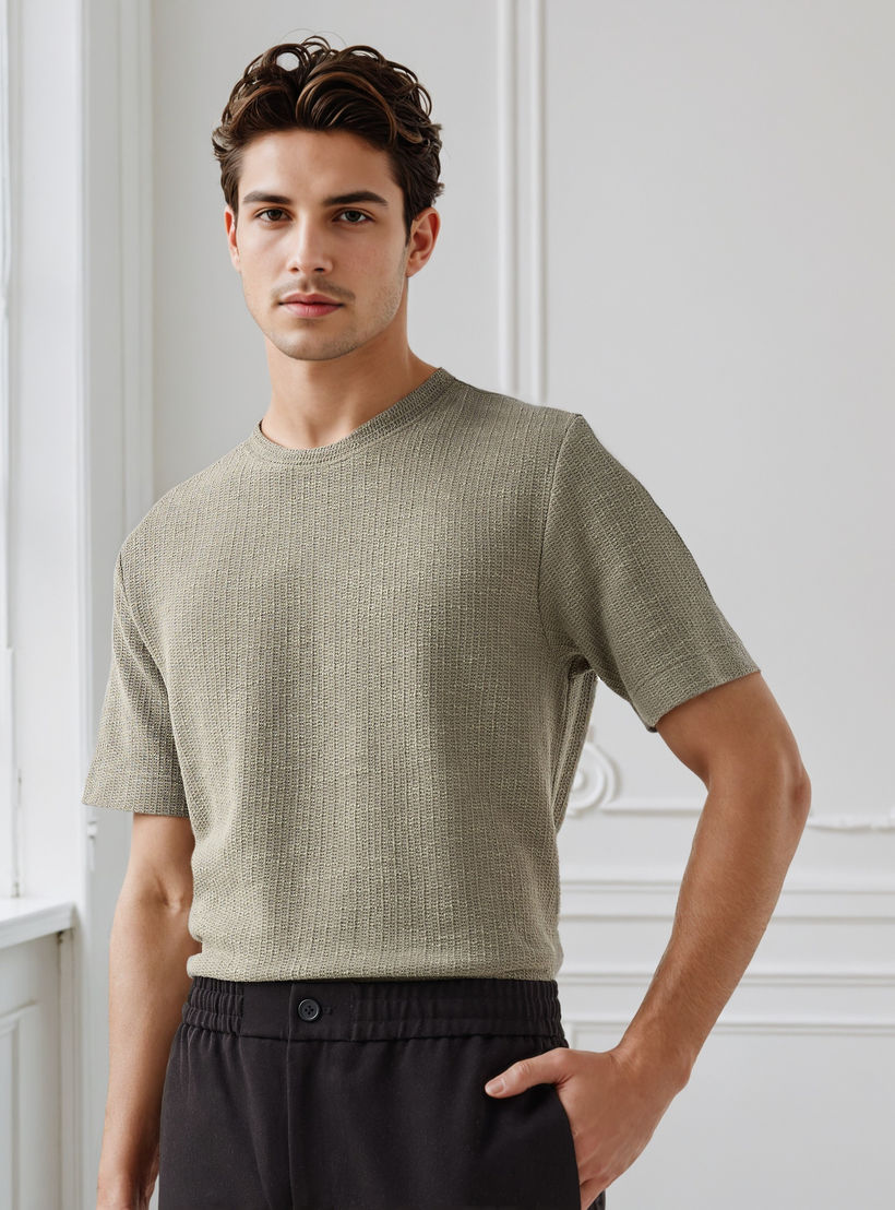 Iconic Men Regular Fit Crew Neck Short Sleeves Honeycomb Textured T-shirt-men-clothing-tshirtsandpolos-tshirts-image-1