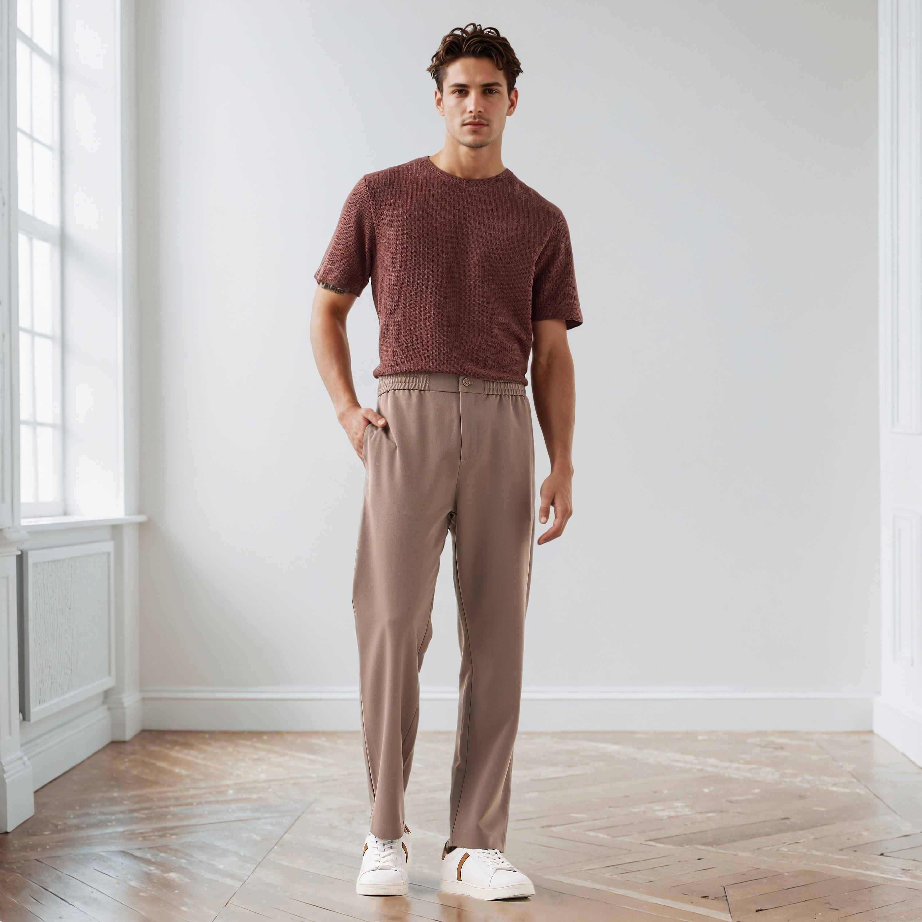 تيشيرت بارز الملمس بقصة عادية وياقة ضيقة وأكمام قصيرة للرجال من أيكونيك-men-clothing-tshirtsandpolos-tshirts-image-2