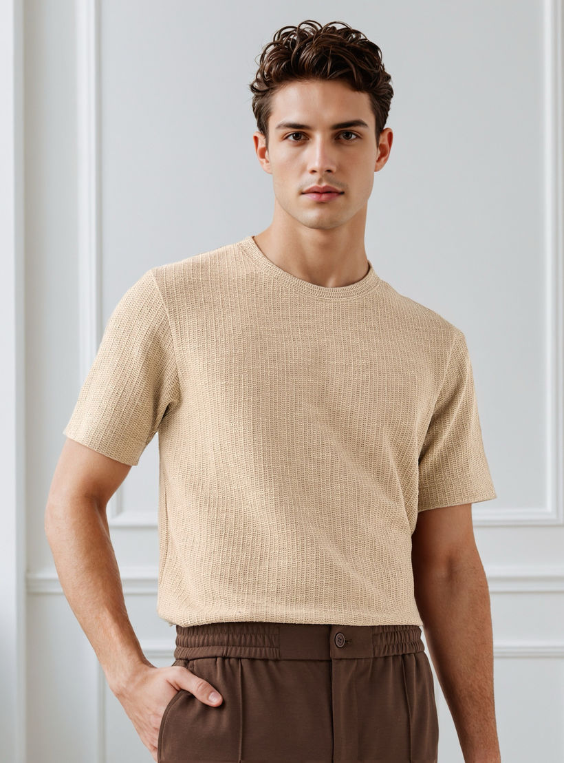 Iconic Men Regular Fit Crew Neck Short Sleeves Honeycomb Textured T-shirt-men-clothing-tshirtsandpolos-tshirts-image-1