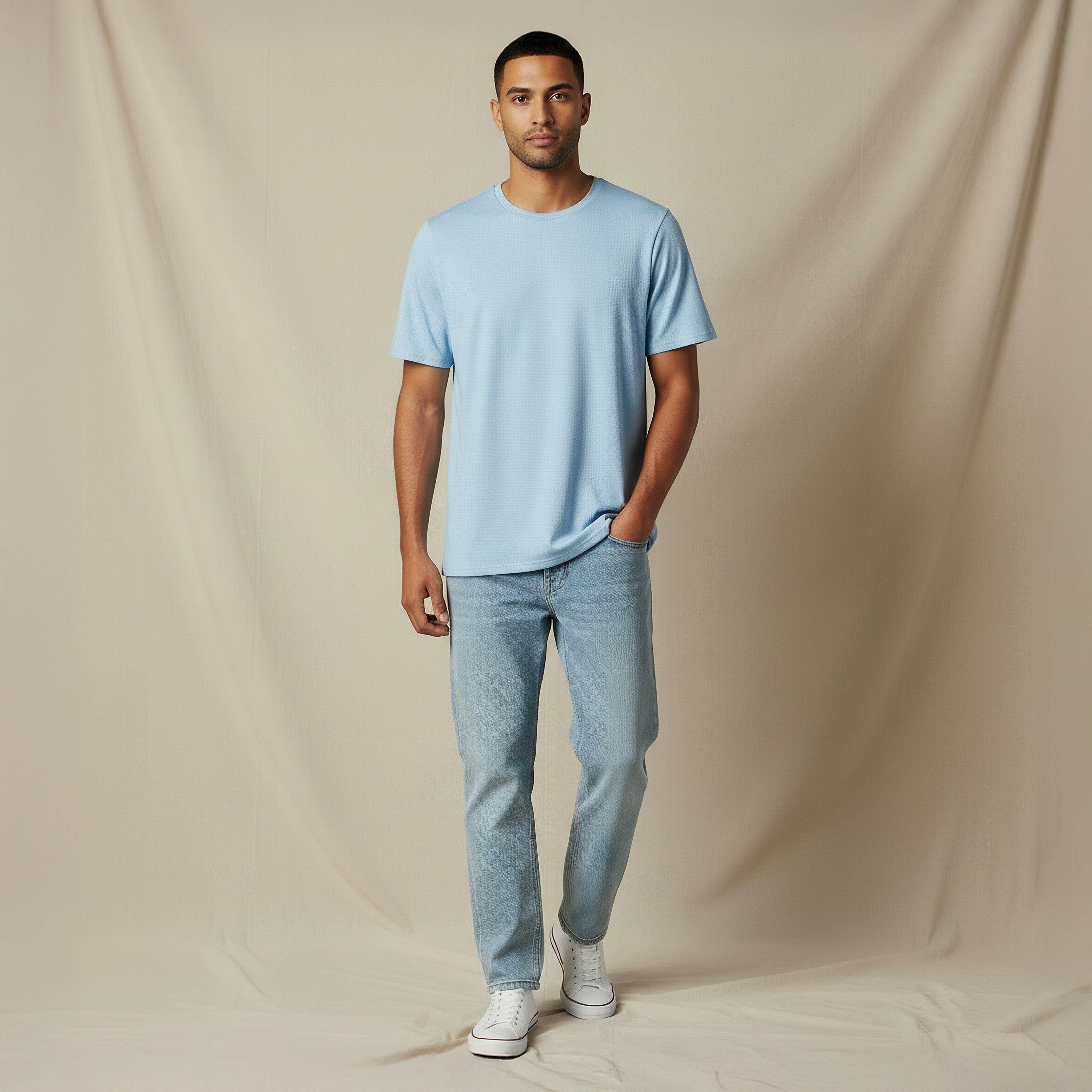 Iconic Men Slim Fit Round Neck Short Sleeve Popcorn Textured T-shirt-men-clothing-tshirtsandpolos-tshirts-image-2