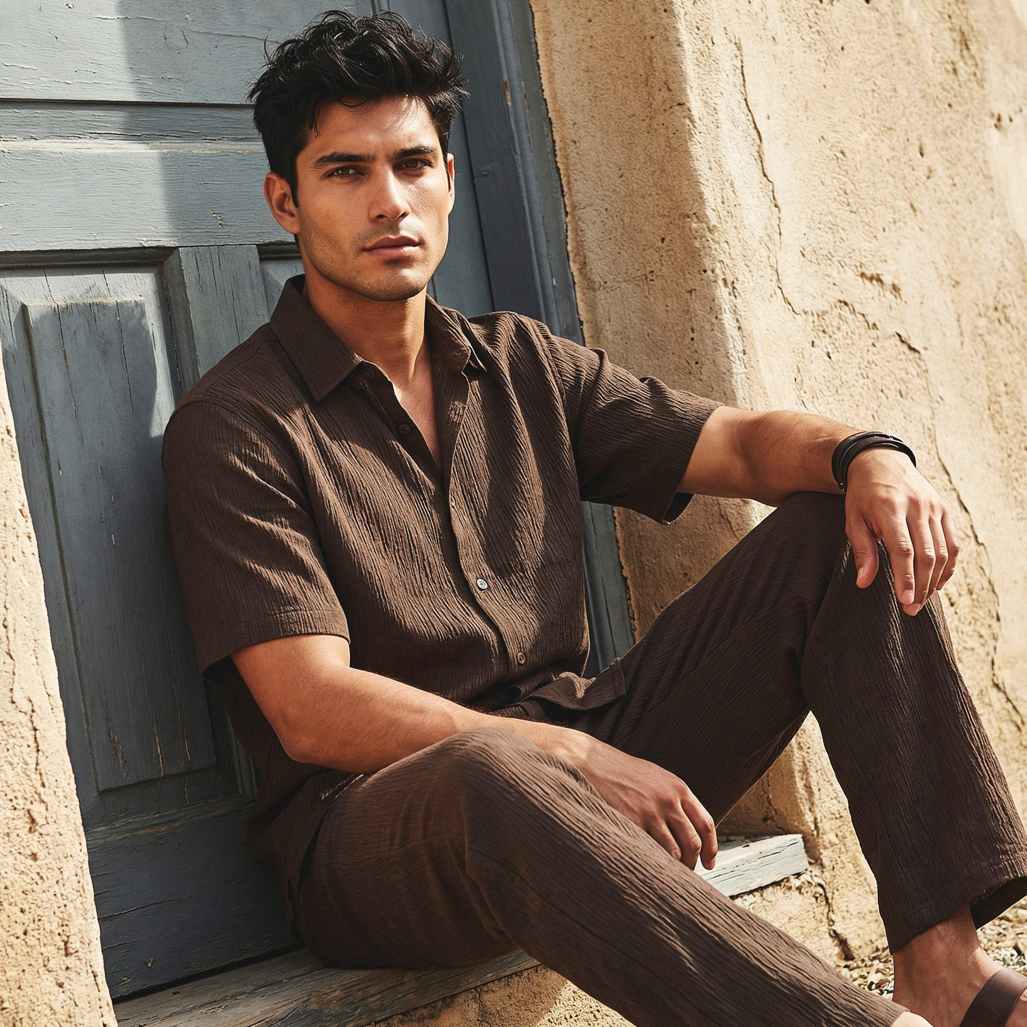 Iconic Men Regular Fit Collared Crinkled Short Sleeve Shirt-men-clothing-shirts-image-1
