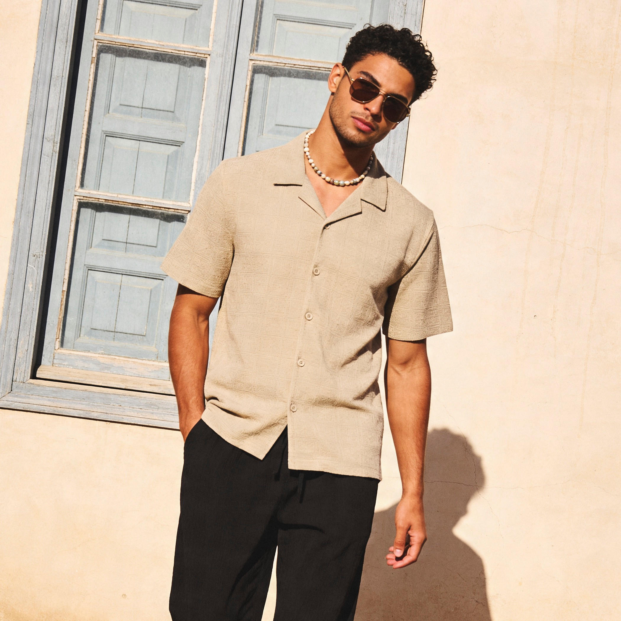 Iconic Men Regular Fit Camp Collar Textured Shirt-men-clothing-shirts-image-1