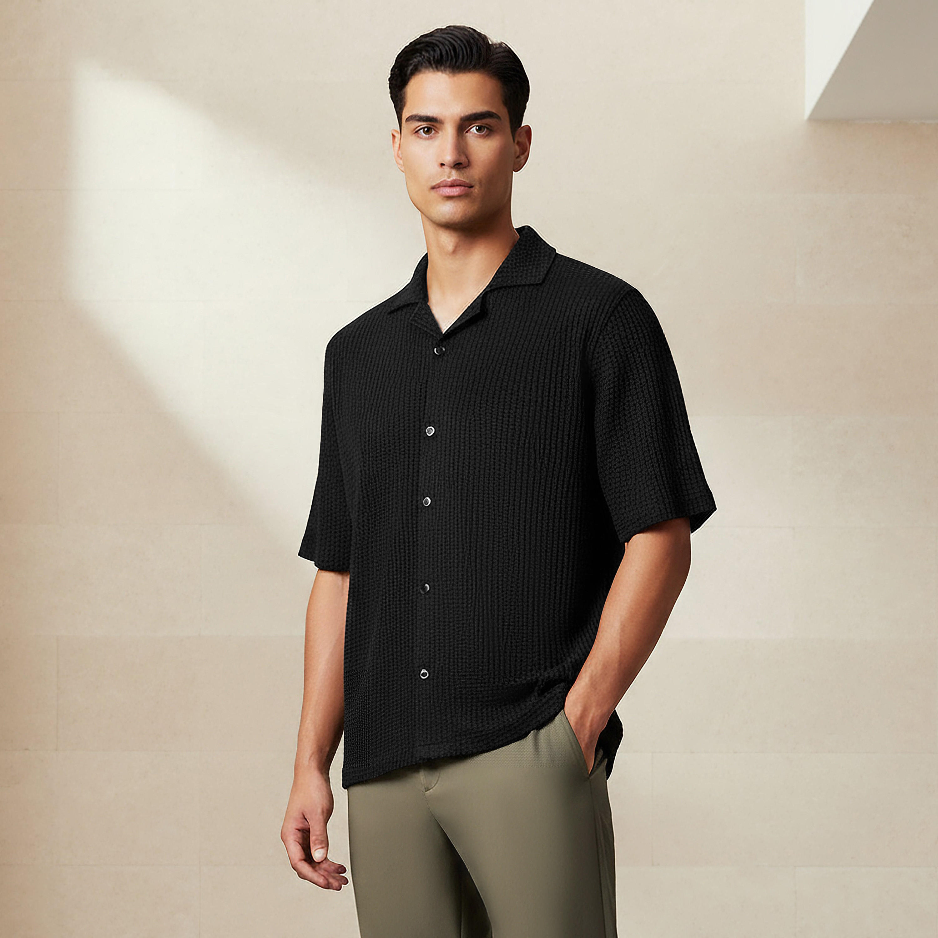 Iconic Men Regular Fit Camp Collar Textured Short Sleeve Shirt-men-clothing-shirts-image-1