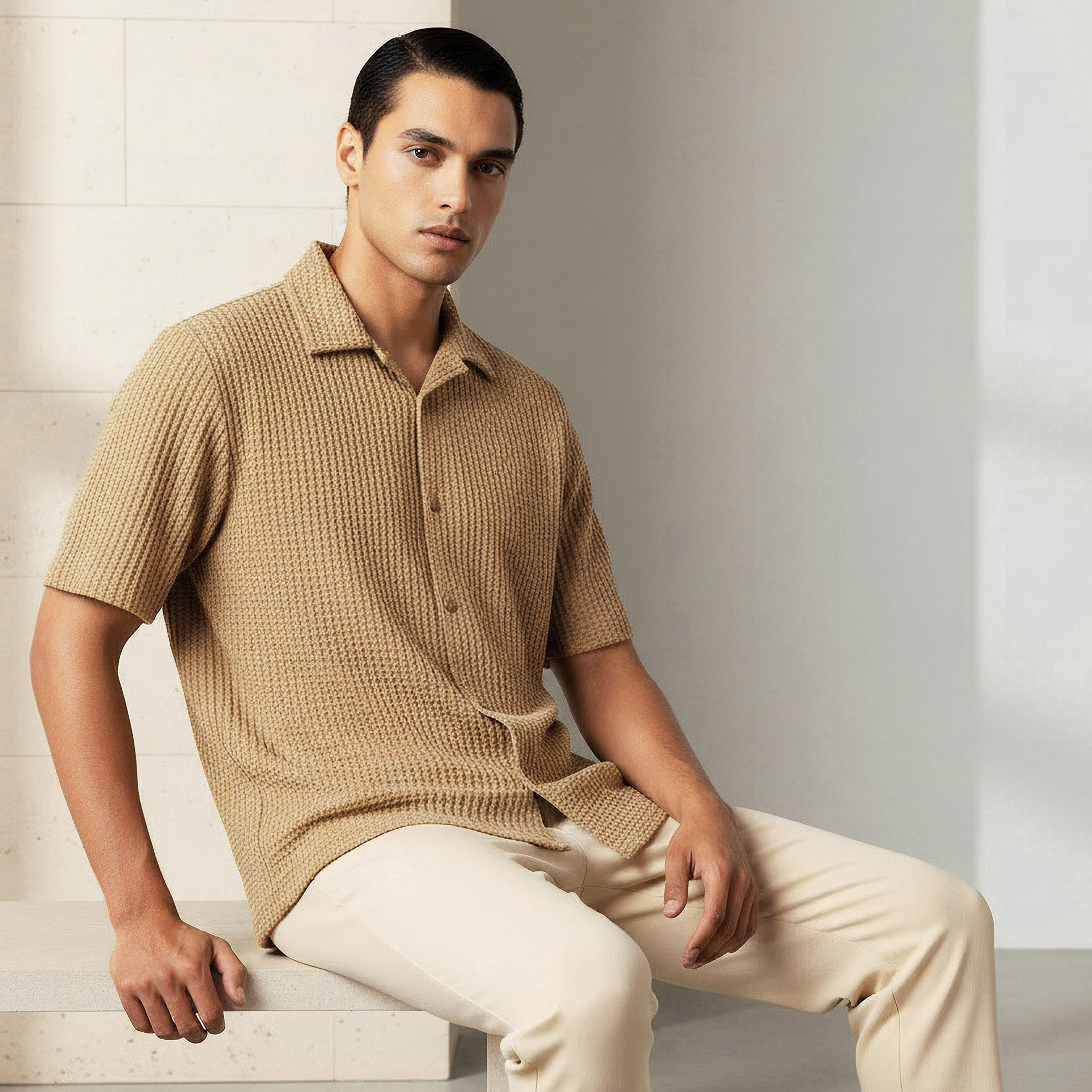 Iconic Men Regular Fit Camp Collar Textured Short Sleeve Shirt-men-clothing-shirts-image-1