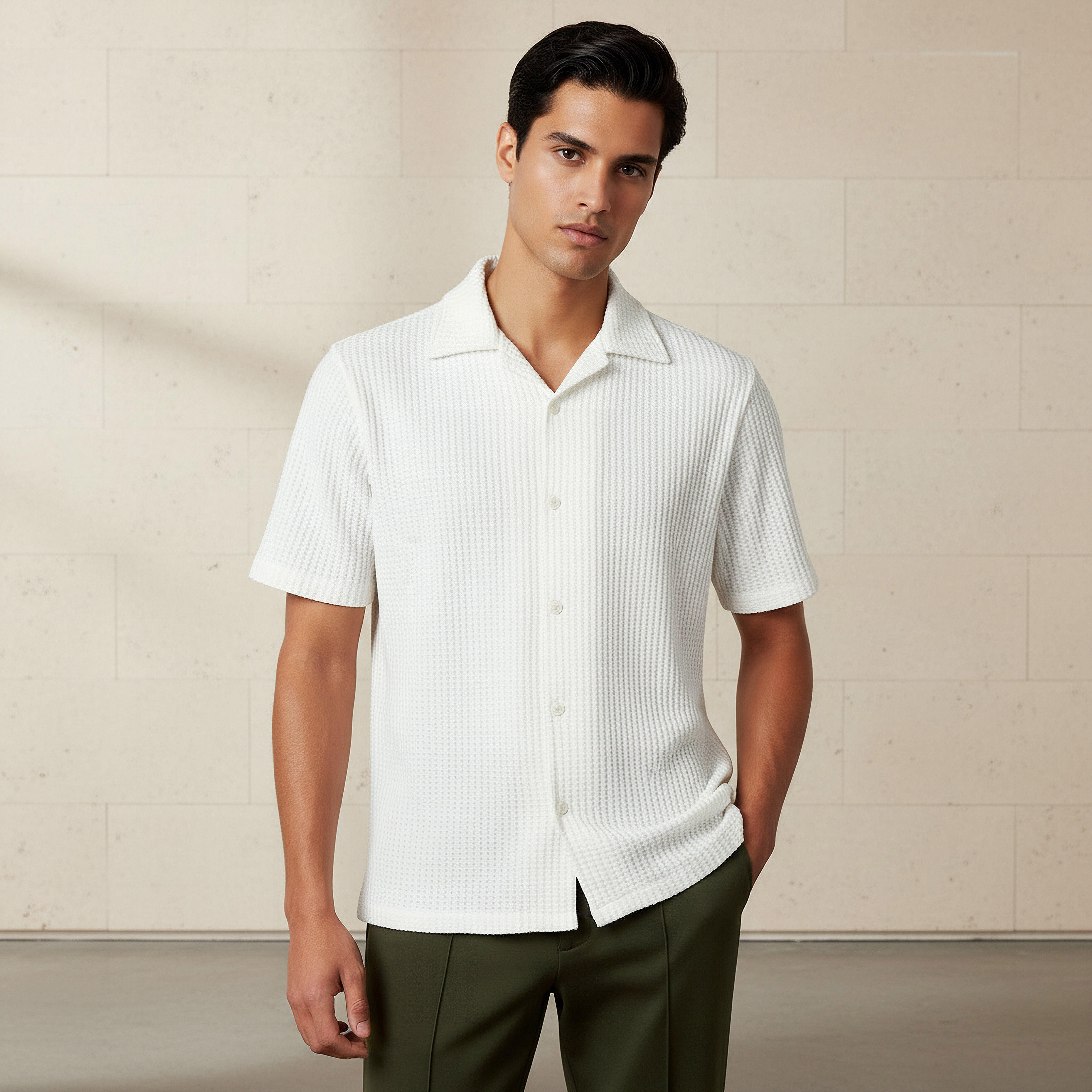 Iconic Men Regular Fit Camp Collar Textured Short Sleeve Shirt-men-clothing-shirts-image-1