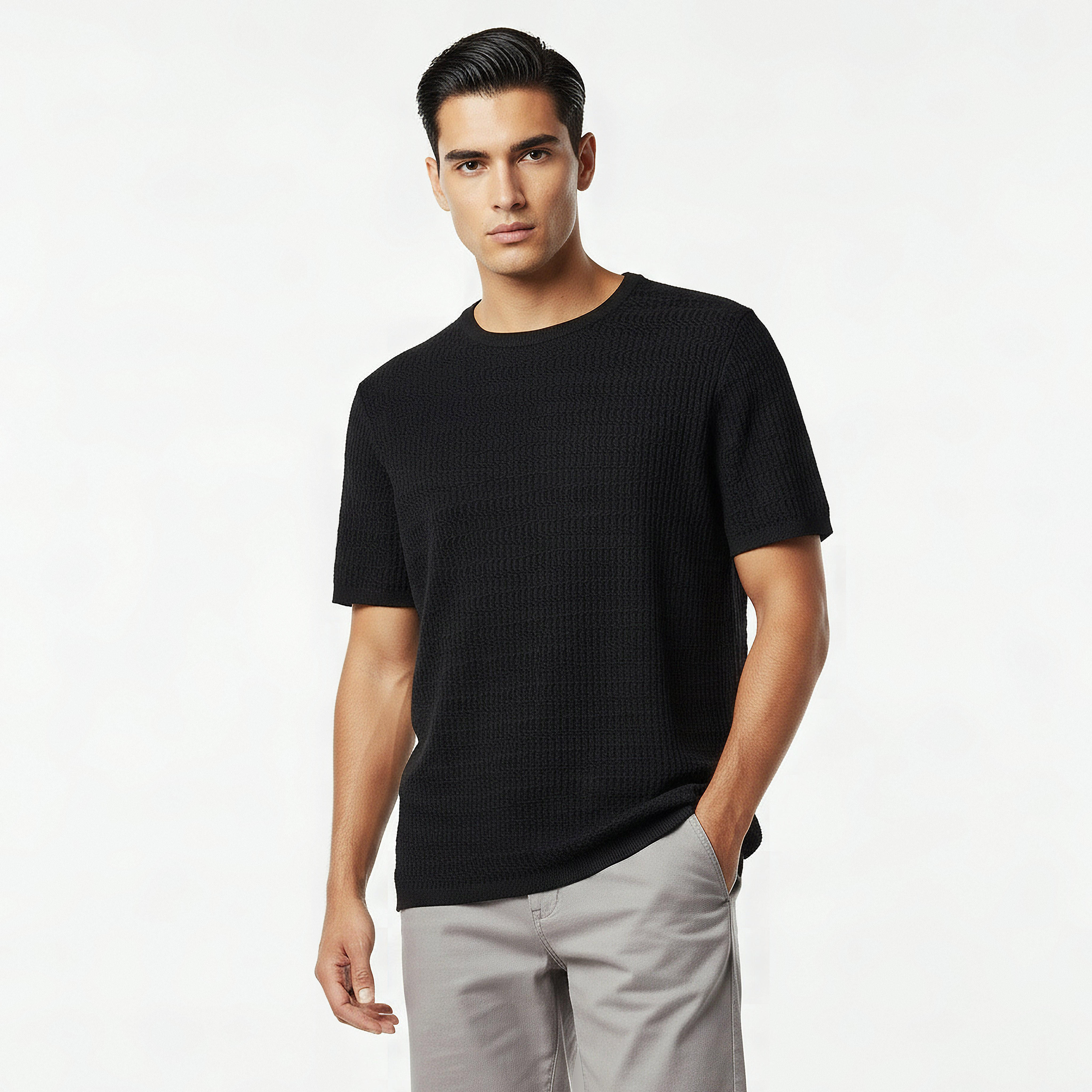 تيشيرت بقصة عادية وياقة ضيقة وأكمام قصيرة وملمس بارز للرجال من آيكونيك-men-clothing-tshirtsandpolos-tshirts-image-5