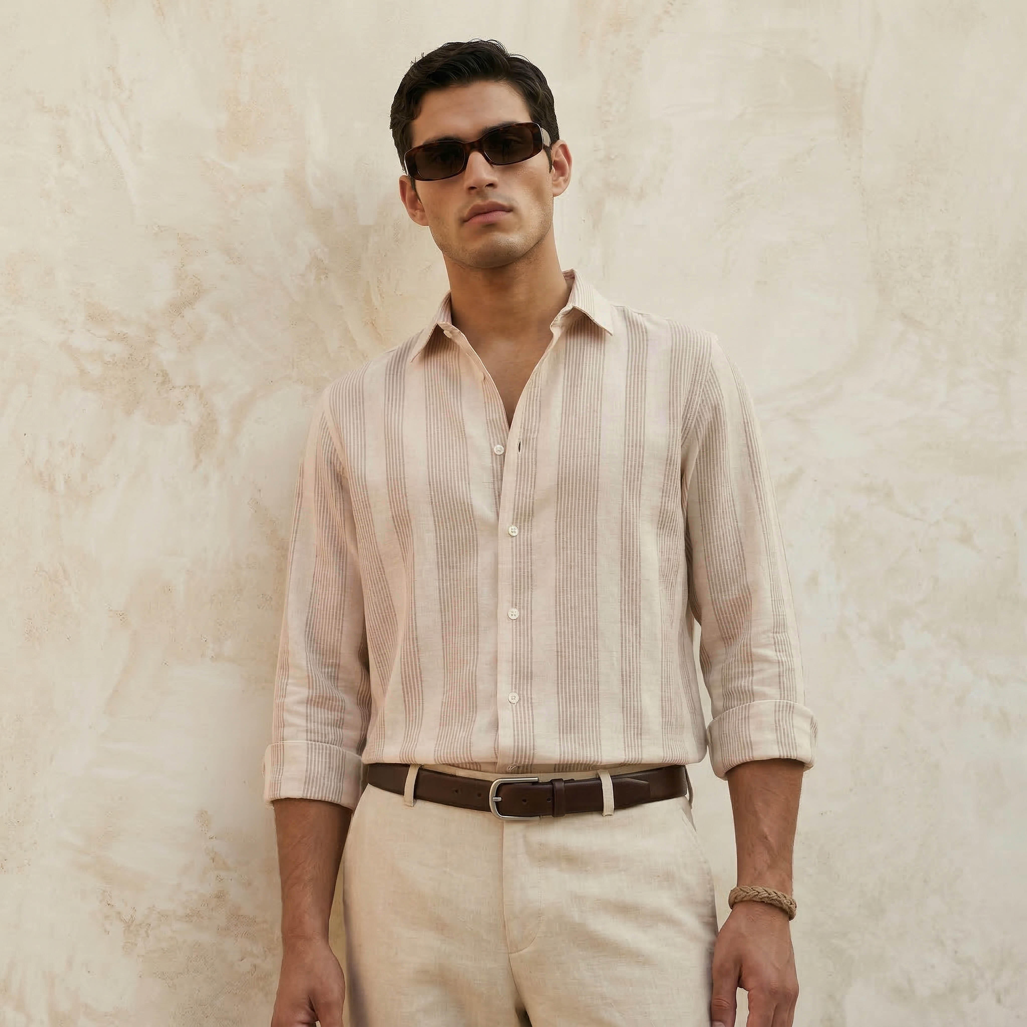 قميص جاكار مخطط بياقة وقصة عادية وأكمام طويلة للرجال من آيكونيك-men-clothing-shirts-image-4