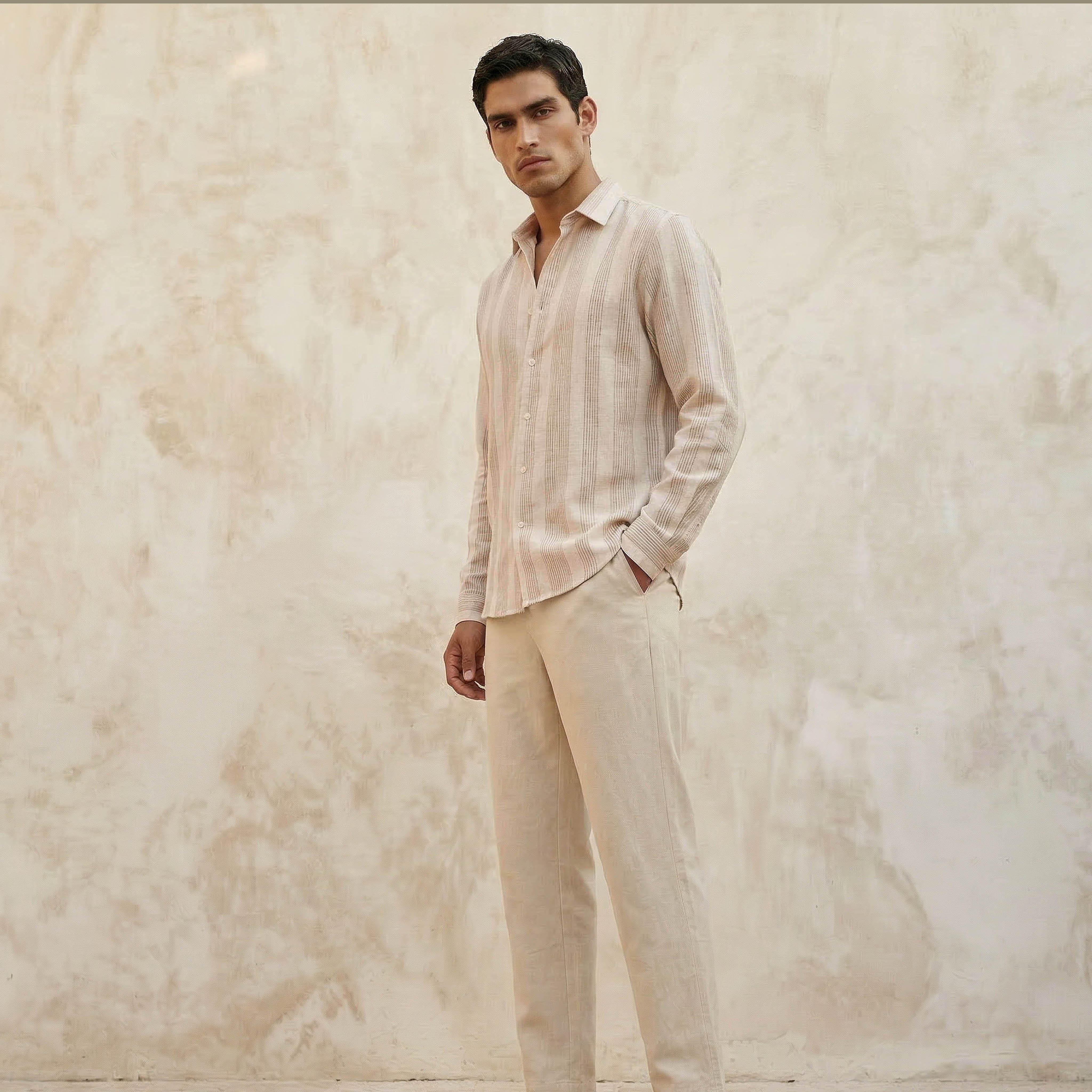 قميص جاكار مخطط بياقة وقصة عادية وأكمام طويلة للرجال من آيكونيك-men-clothing-shirts-image-4