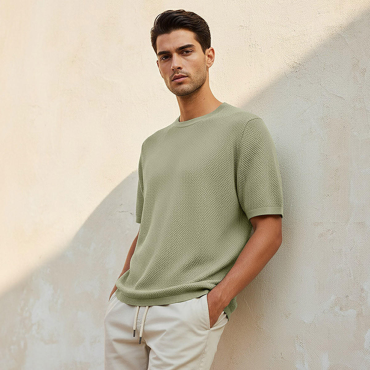 تيشيرت بارز الملمس بقصة عادية وياقة ضيقة وأكمام قصيرة للرجال من آيكونيك-men-clothing-tshirtsandpolos-tshirts-image-1