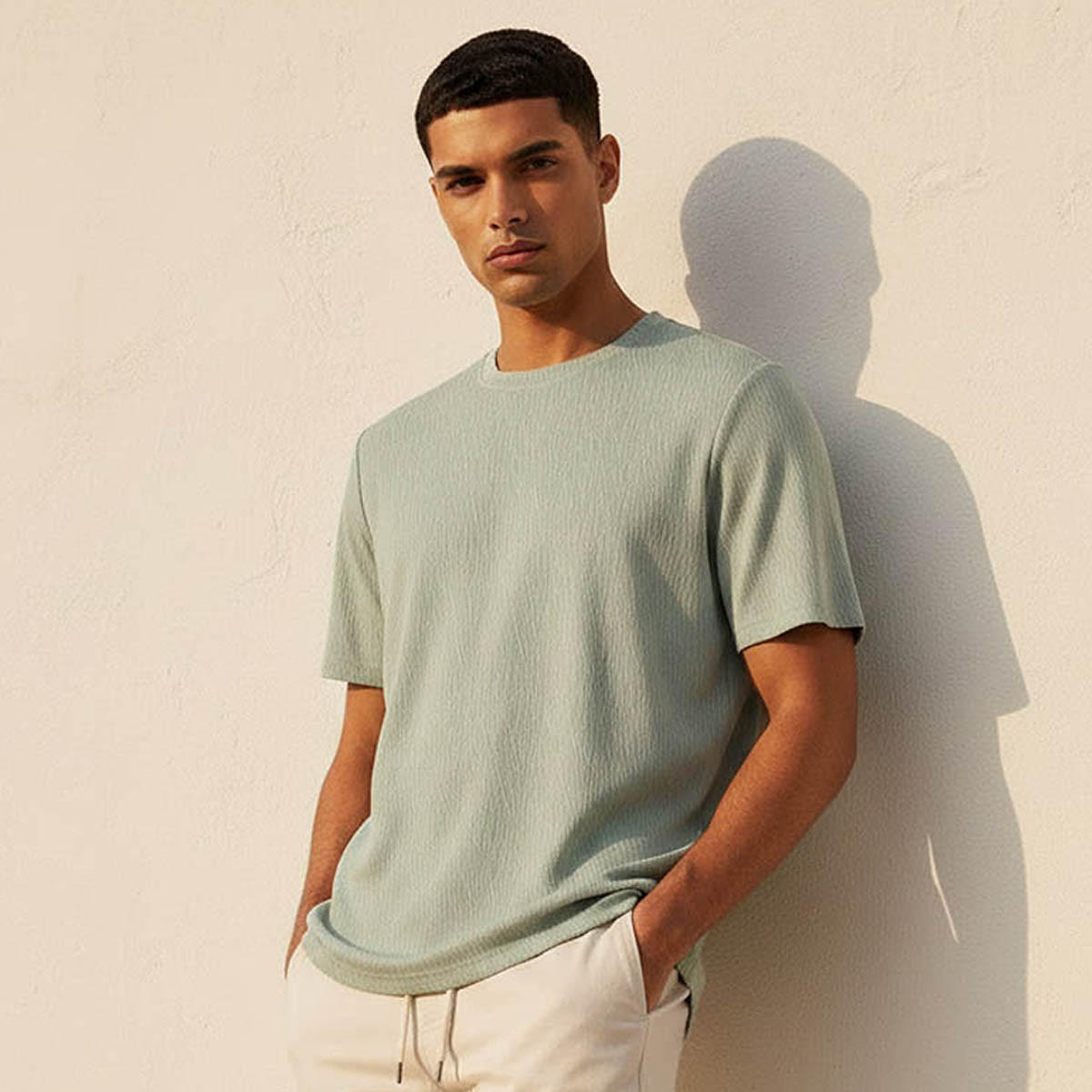 تيشيرت بارز الملمس بقصّة عادية وياقة ضيقة وأكمام قصيرة للرجال من آيكونيك-men-clothing-tshirtsandpolos-tshirts-image-1