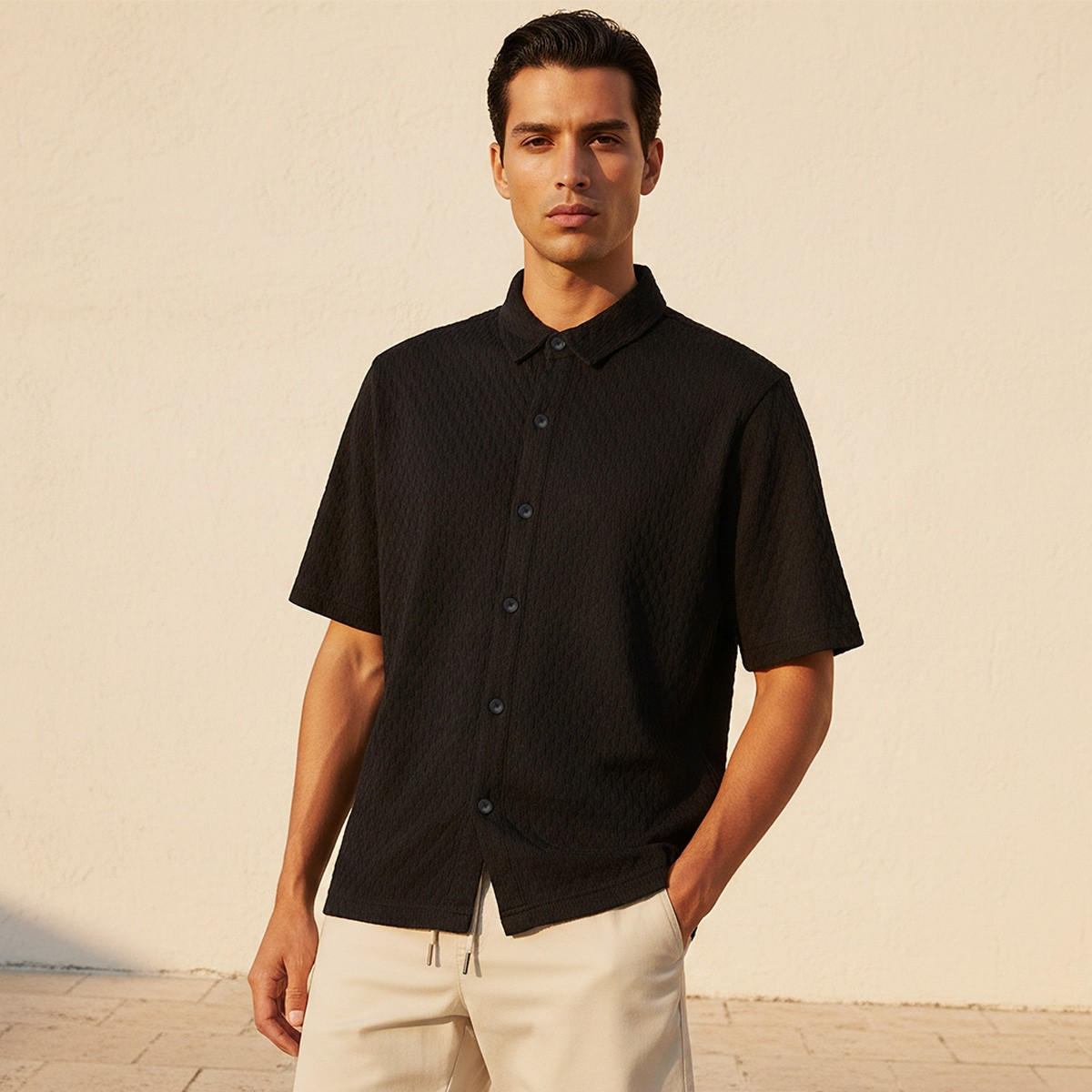 Splash Iconic Regular Fit Collared Jacquard Textured Short Sleeves Shirt-men-clothing-shirts-image-1