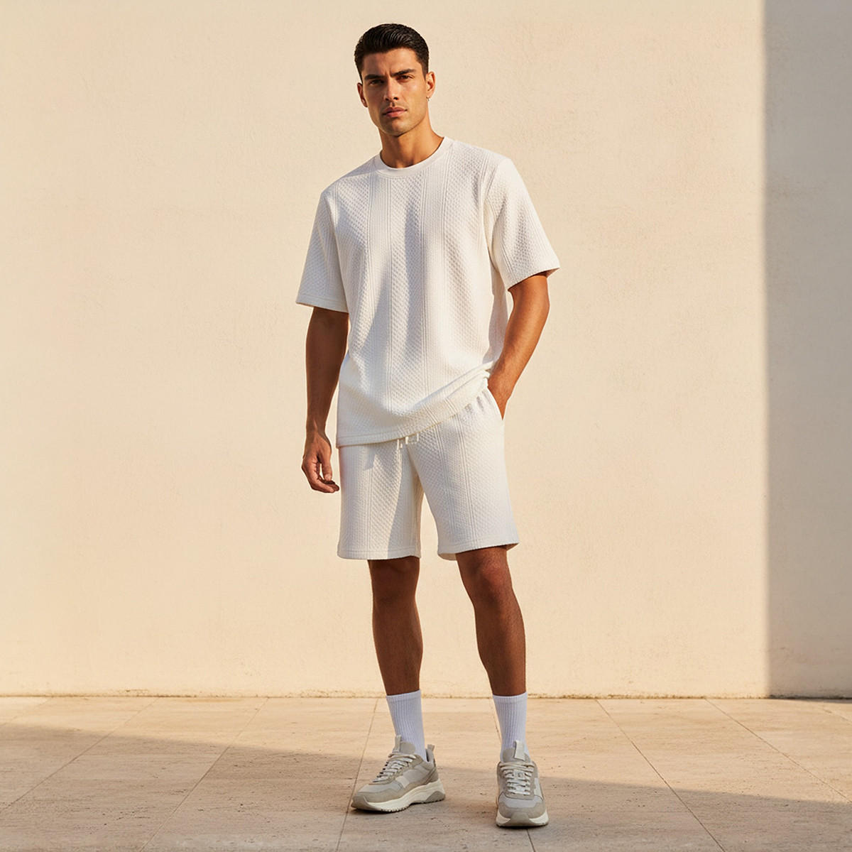 تيشيرت بارز الملمس بقصّة عادية وياقة ضيقة وأكمام قصيرة للرجال من آيكونيك-men-clothing-tshirtsandpolos-tshirts-image-3
