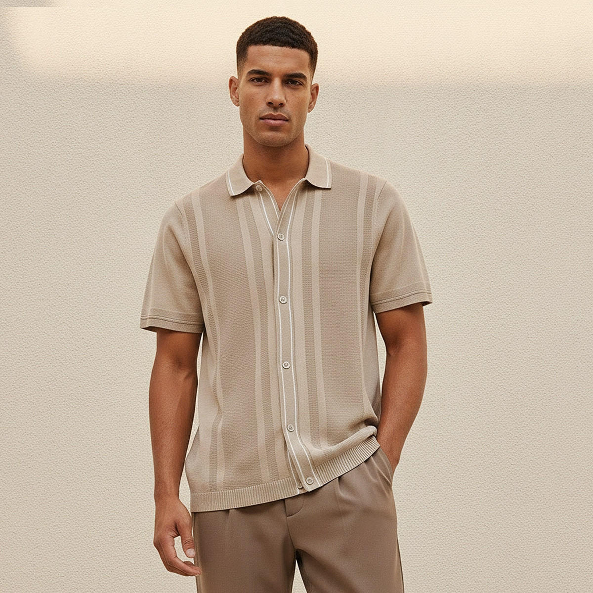 قميص بارز الملمس بقصة وياقة عادية وأكمام قصيرة من أيكونيك-men-clothing-shirts-image-1