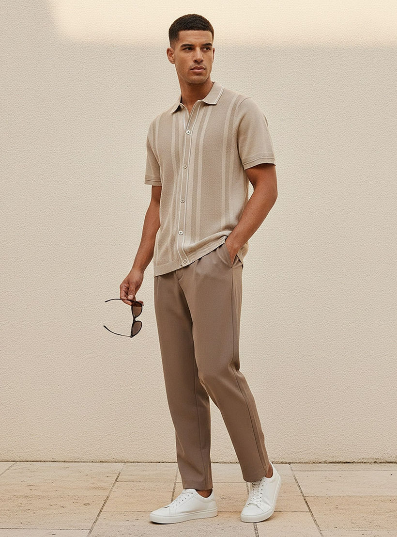 قميص بارز الملمس بقصة وياقة عادية وأكمام قصيرة من أيكونيك-men-clothing-shirts-image-3
