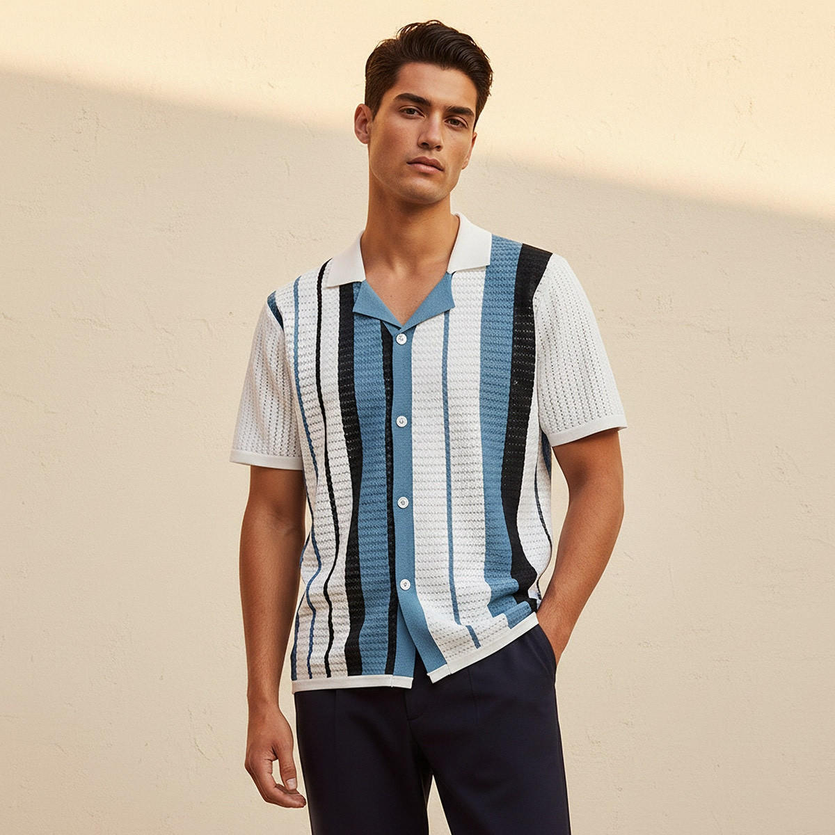Splash Iconic Camp Collar Striped Short Sleeves Shirt-men-clothing-shirts-image-1