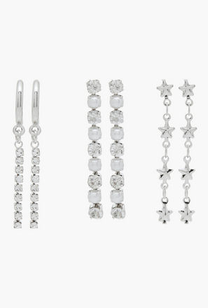 طقم أقراط متدلية بمكبس إغلاق خلفي 3 أزواج مزيّنة بالأحجار من فلورا بيلا-women-watchesandjewellery-jewellery-earrings-image-1