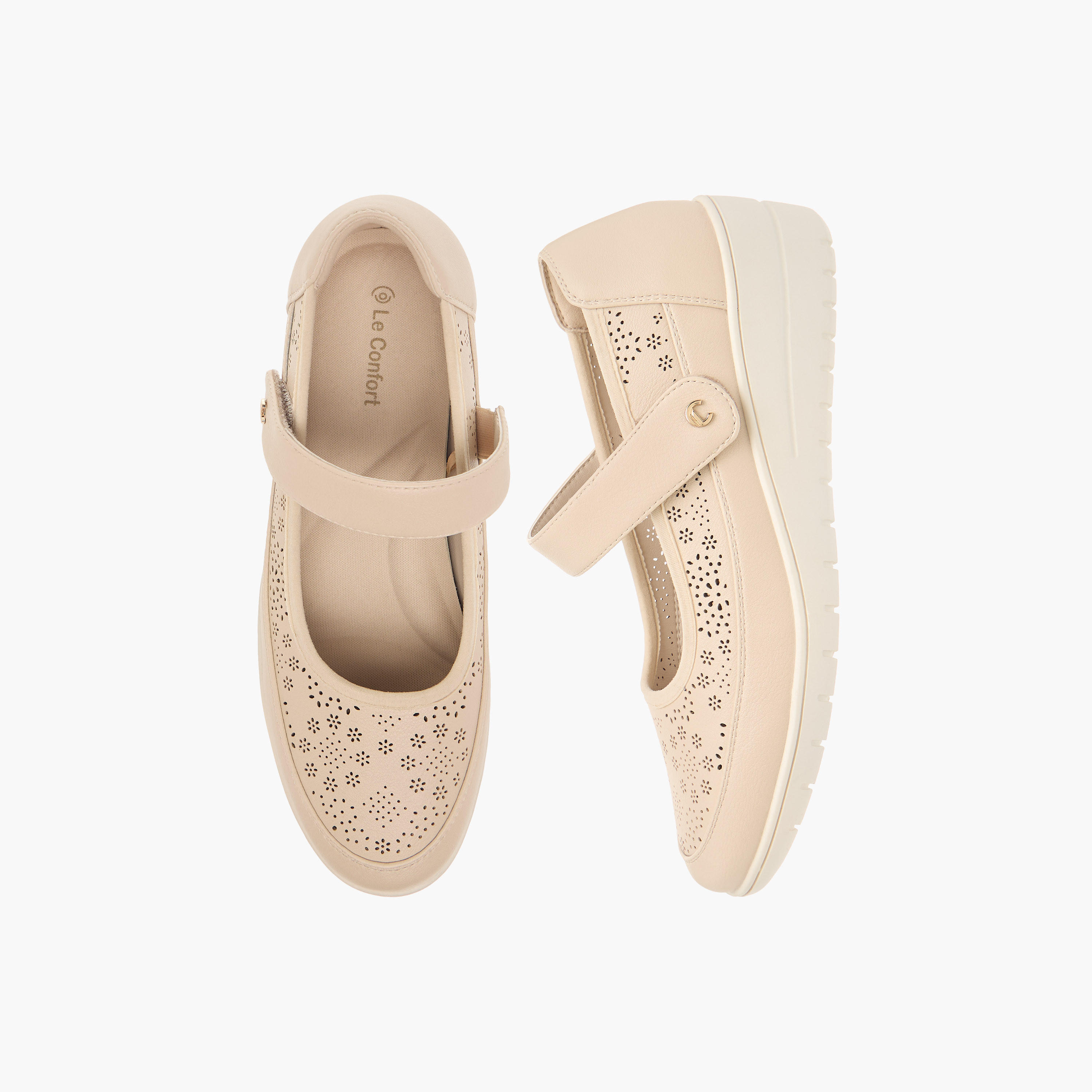 Le Confort Laser Cut Comfort Ballerina Shoes with Hook and Loop Closure-women-shoes-flats-ballerinas-image-1
