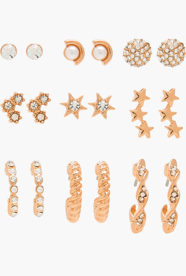 Flora Bella Pack of 9 Gold Tone Embellished Stud Earrings with Pushback Closure-women-image-1