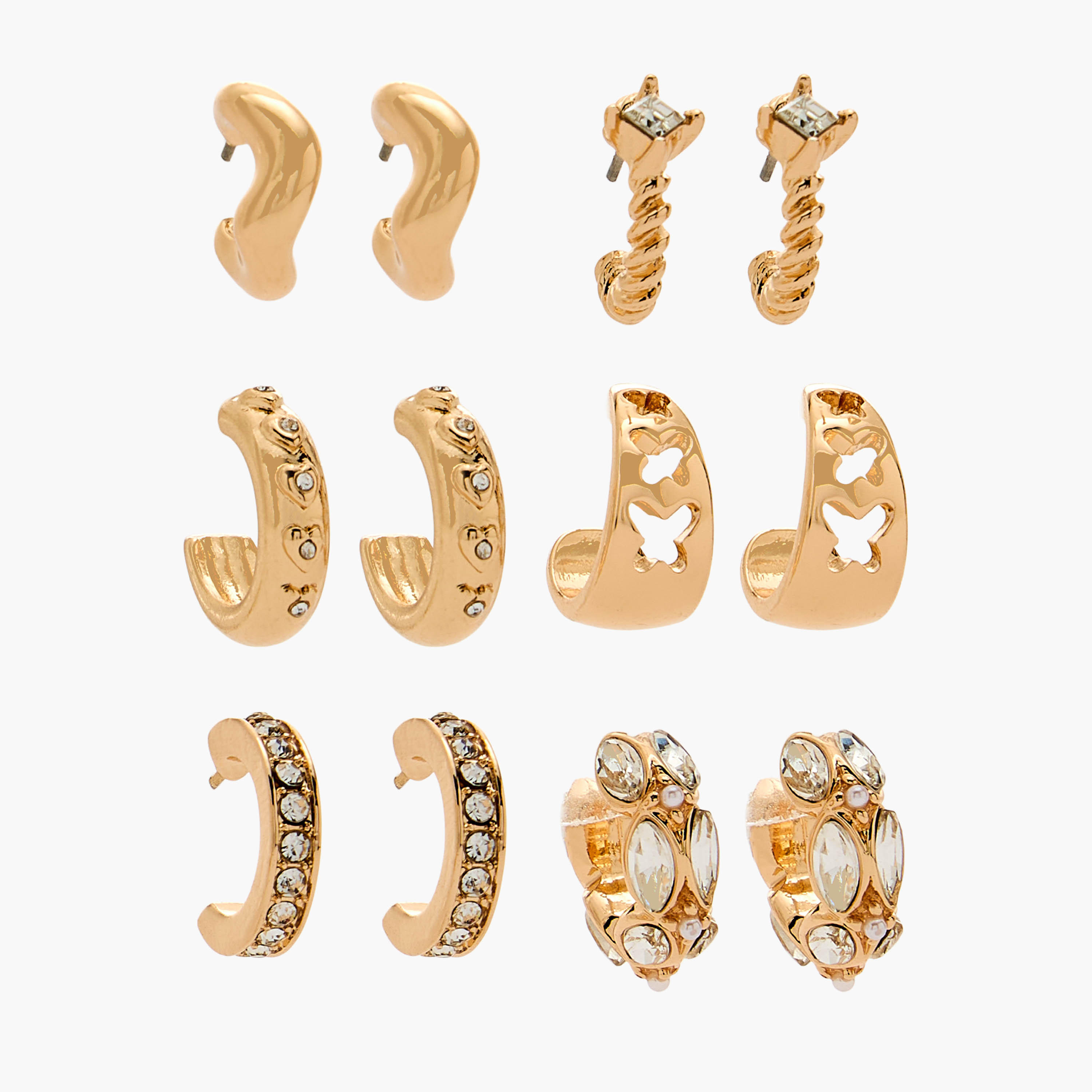 Flora Bella Pack of 6 Gold Tone Embellished Hoop Earrings with Pushback Closure-women-watchesandjewellery-jewellery-earrings-image-1