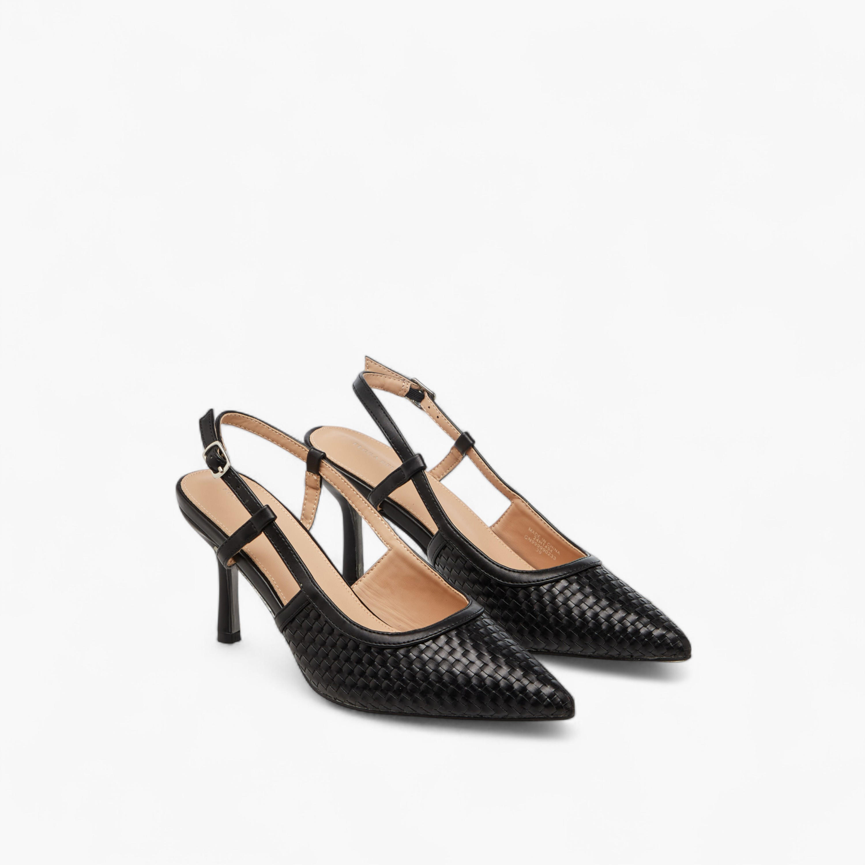Flora Bella Textured Pointed Toe Shoes with Flared Heel and Buckle Closure-women-shoes-heels-image-1