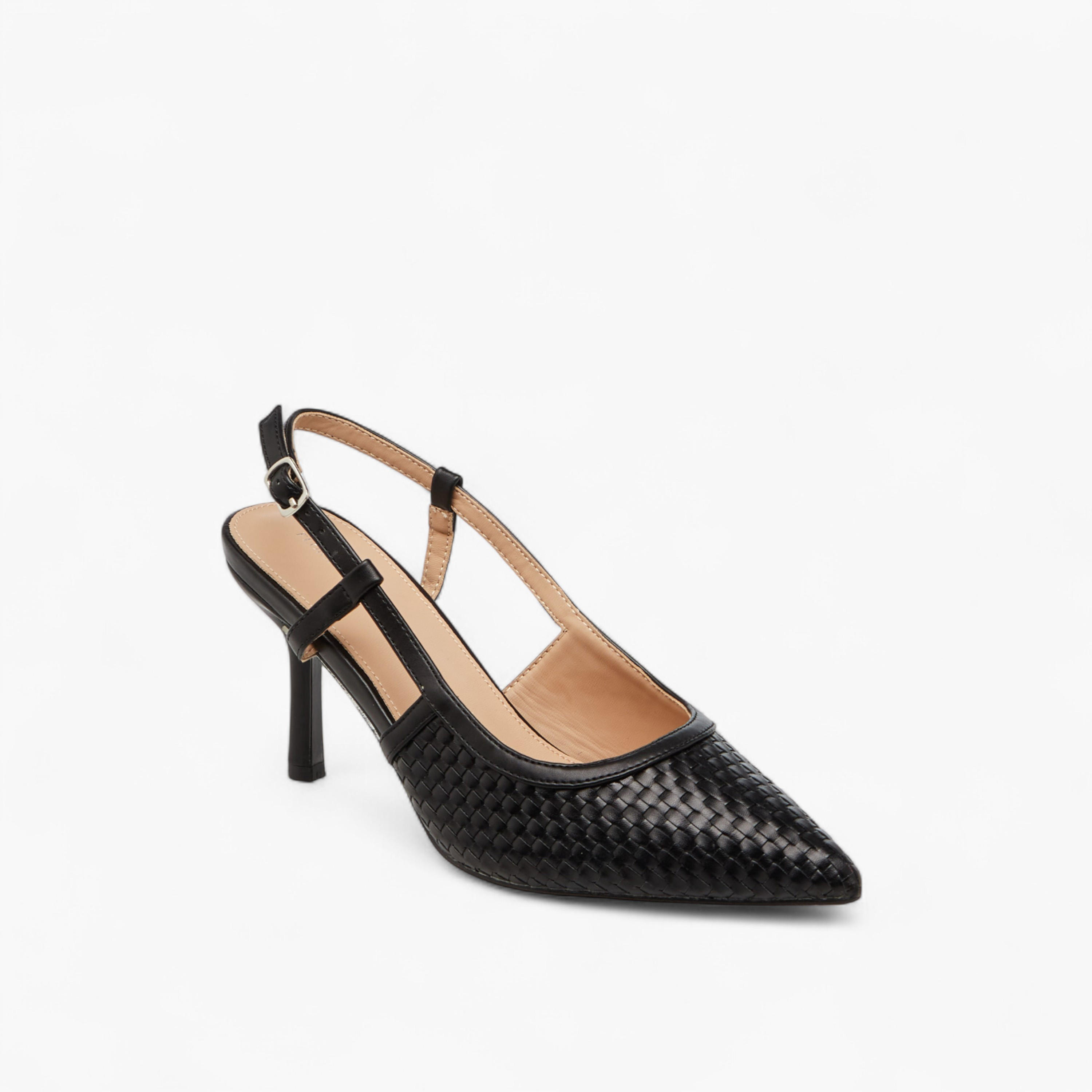 Flora Bella Textured Pointed Toe Shoes with Flared Heel and Buckle Closure-women-shoes-heels-image-2