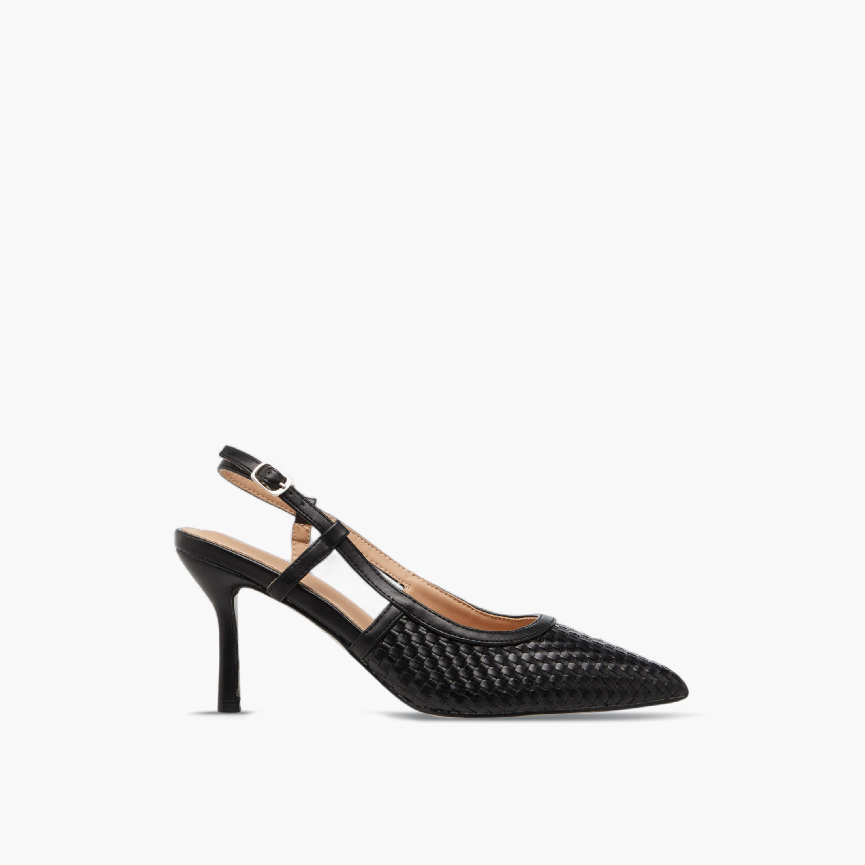 Flora Bella Textured Pointed Toe Shoes with Flared Heel and Buckle Closure-women-shoes-heels-image-3